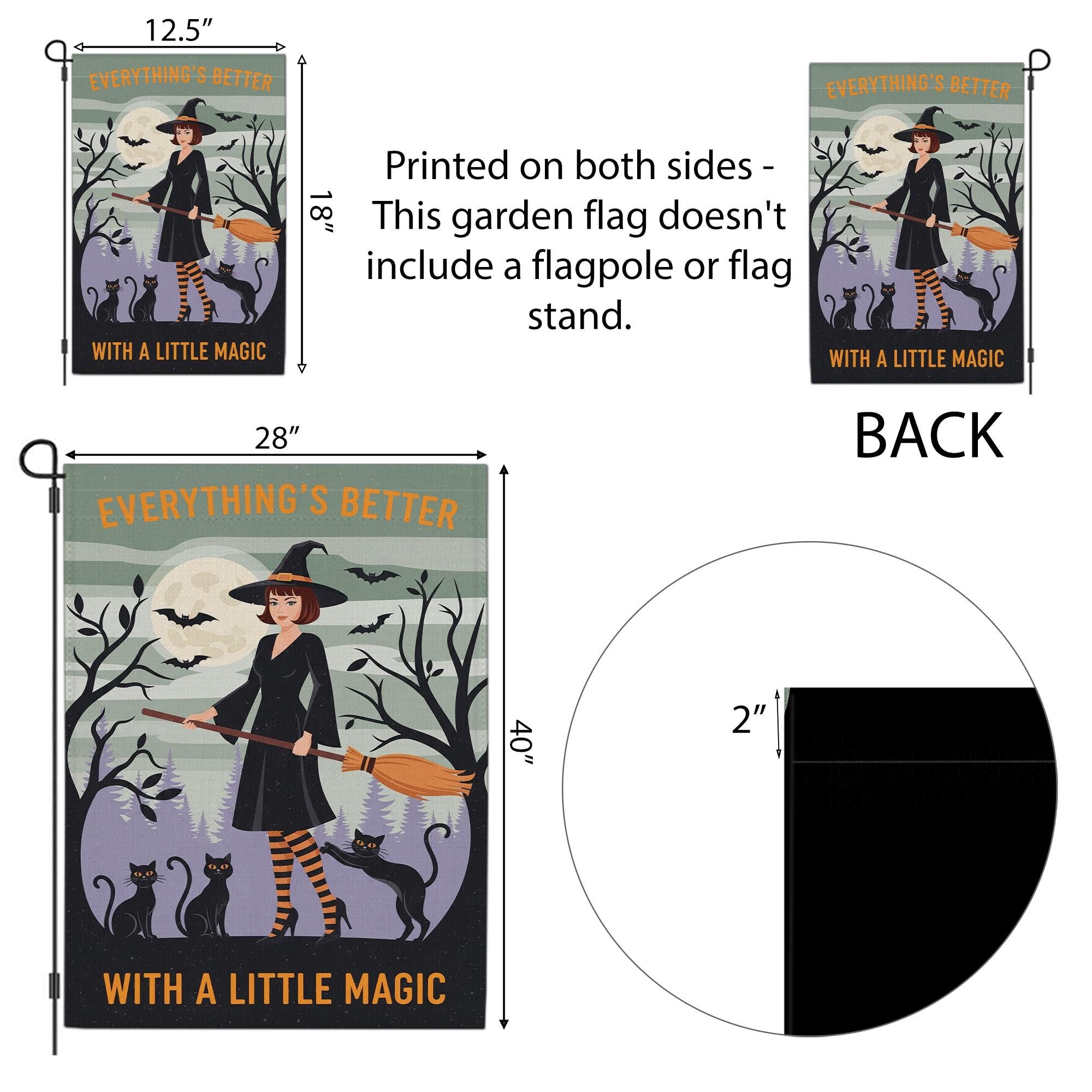 Everything's Better With A Little Magic Halloween Garden Flag | Witch & Black Cats Broom Decor
