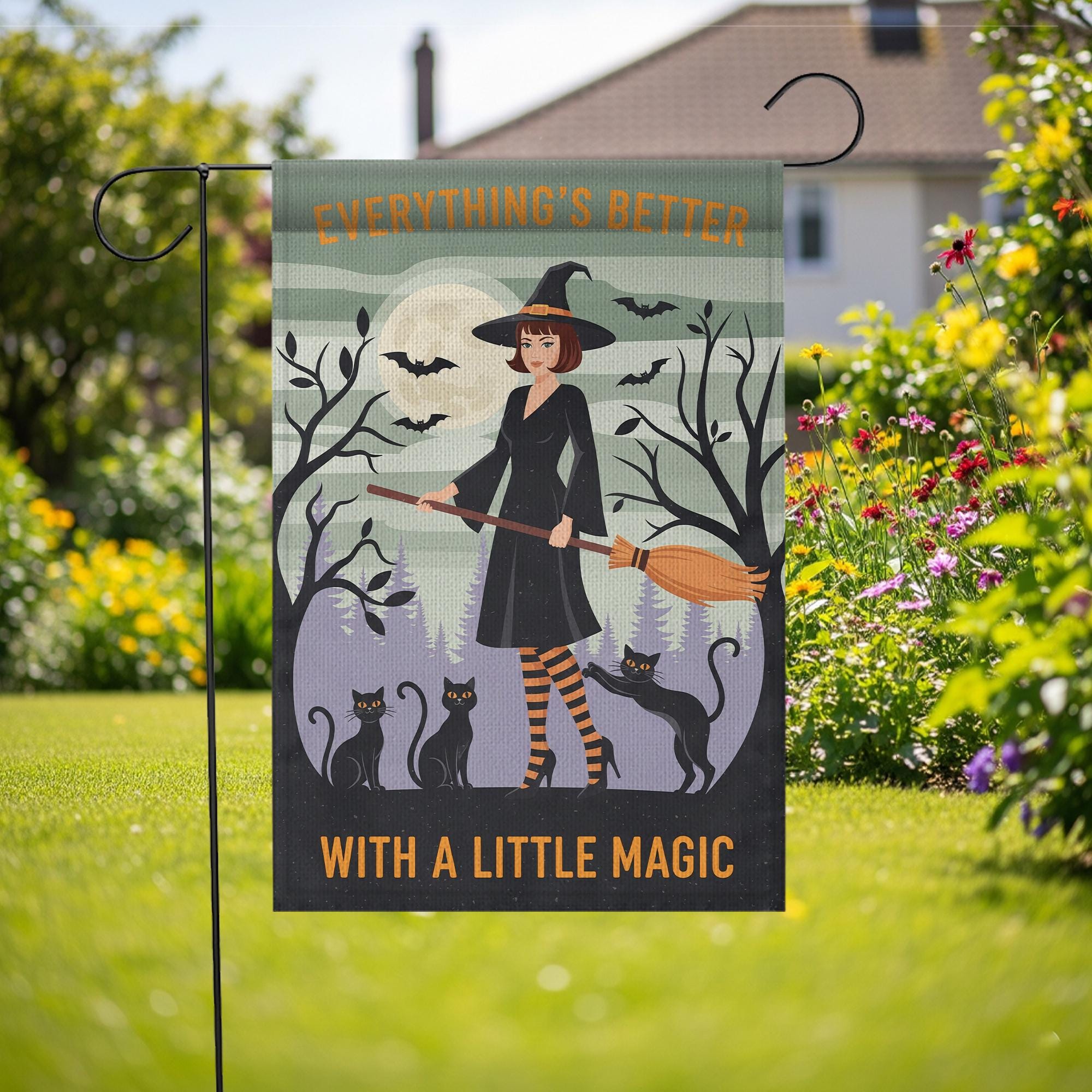 Everything's Better With A Little Magic Halloween Garden Flag | Witch & Black Cats Broom Decor