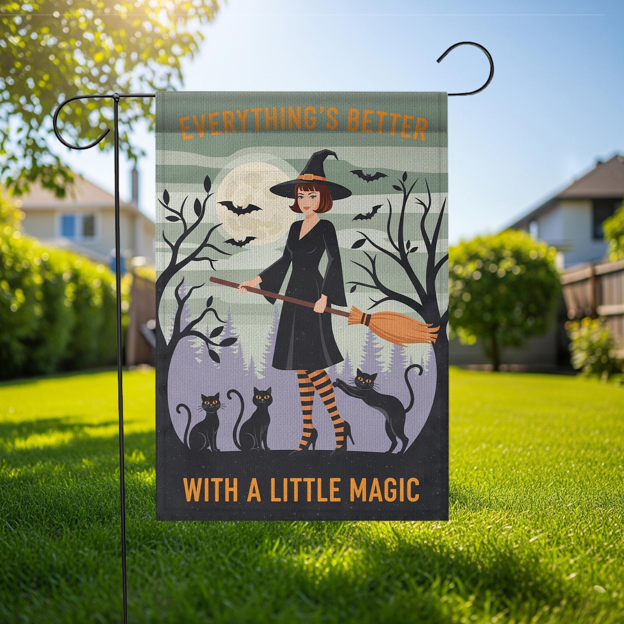 Everything's Better With A Little Magic Halloween Garden Flag | Witch & Black Cats Broom Decor