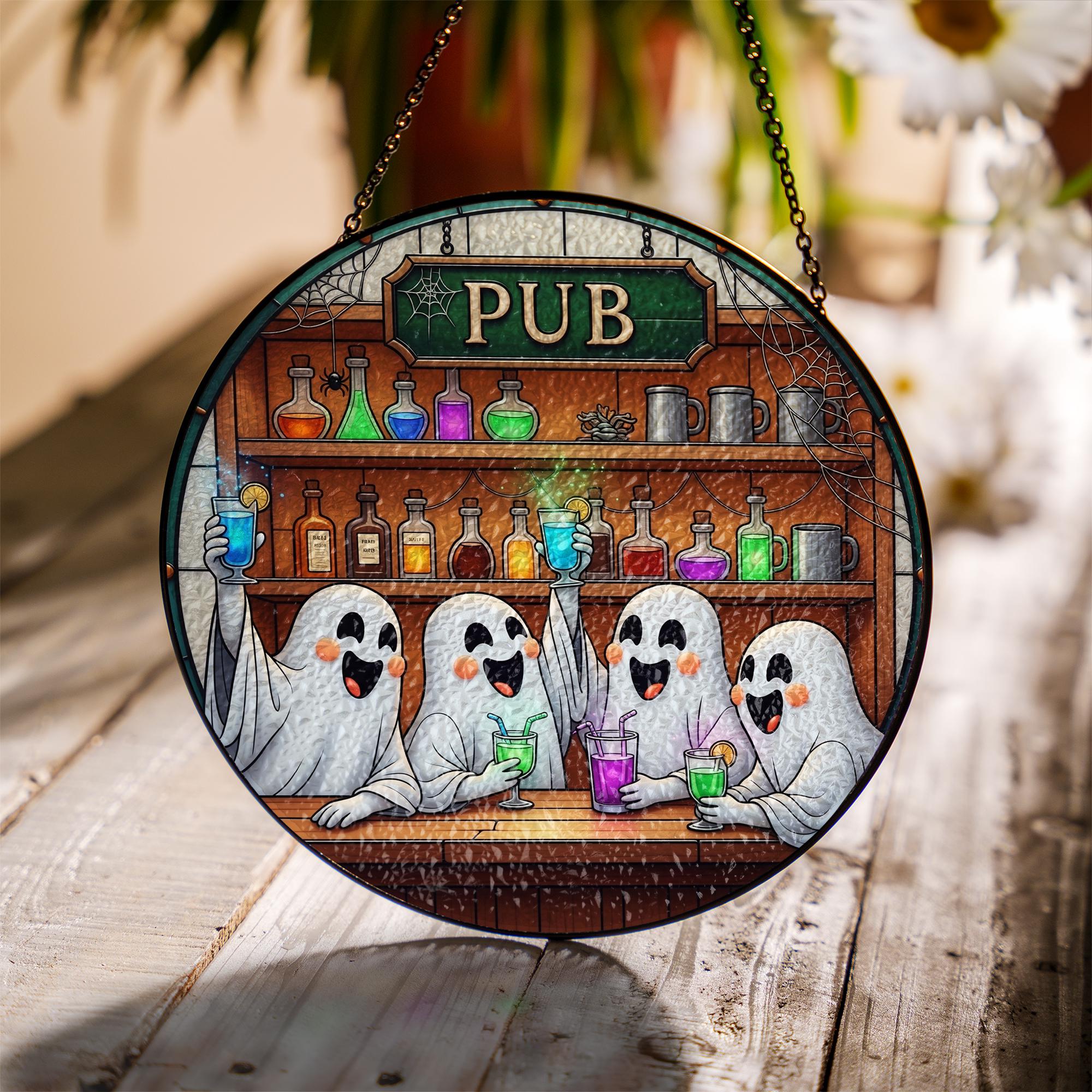 Ghost Pub Suncatcher – Halloween Glass Bar Decor – Spooky Cute Ghost Drink Panel – Funny Boozy Spirit Window Hanging