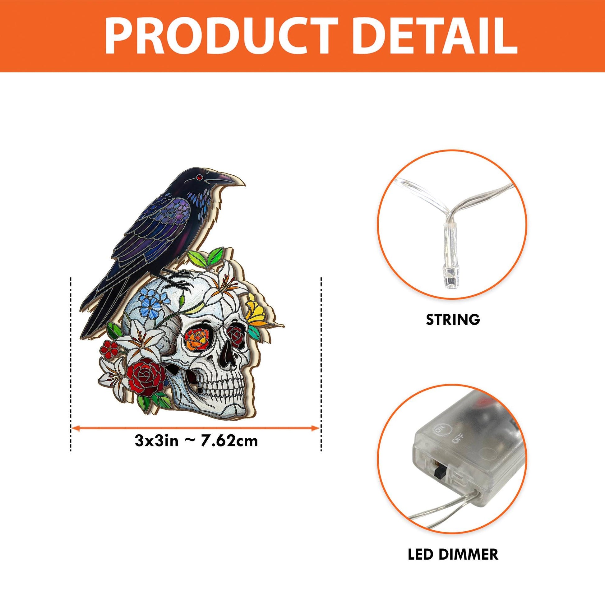 Gothic Skull String Lights – Raven Crow Floral Halloween Decor – Spooky Dark Academia Fairy Lights – Alternative Skull Room Decor