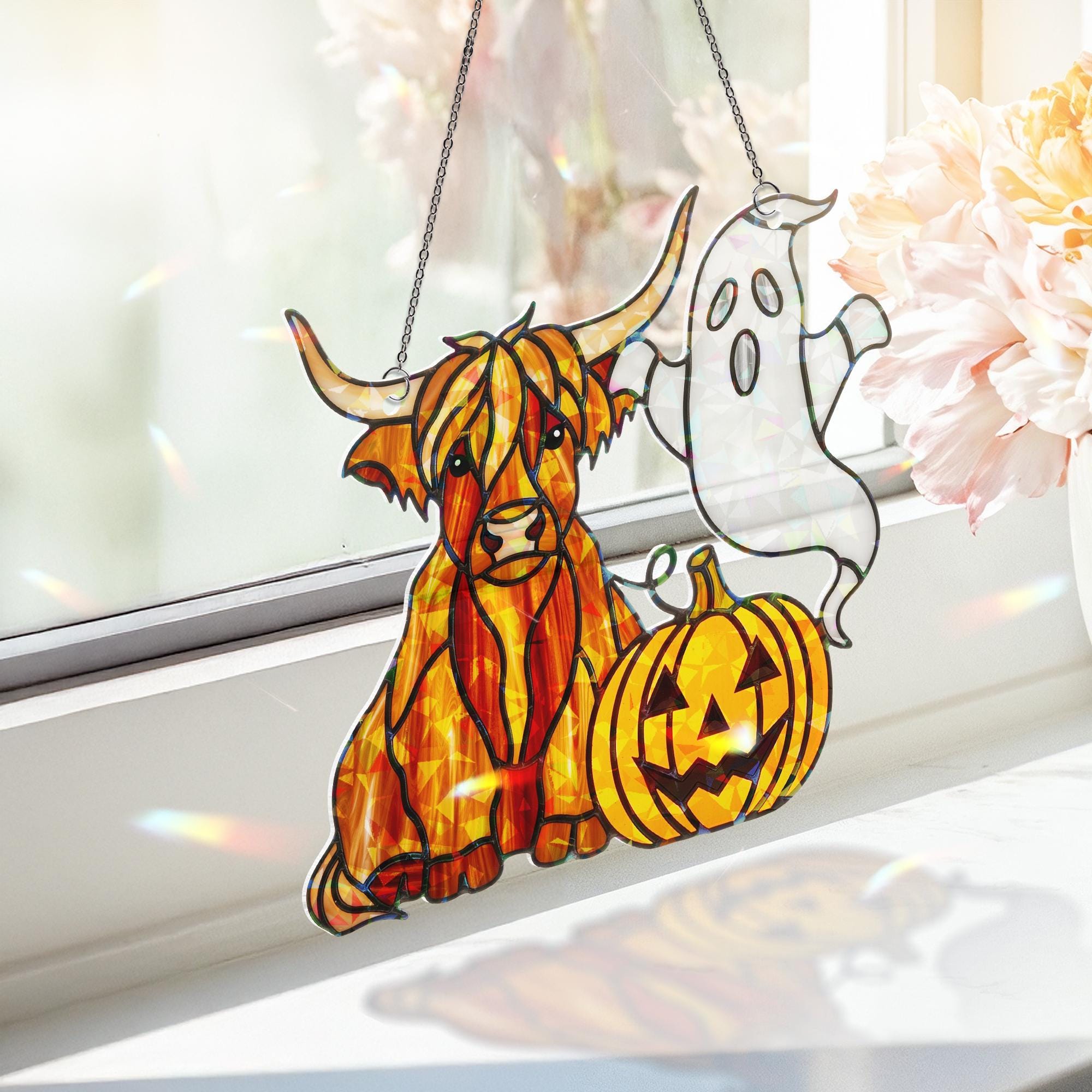 Highland Cow Halloween Suncatcher – Holographic Ghost Pumpkin Window Decor – Cute Fall Cow Gift – Spooky Acrylic Hanging Art
