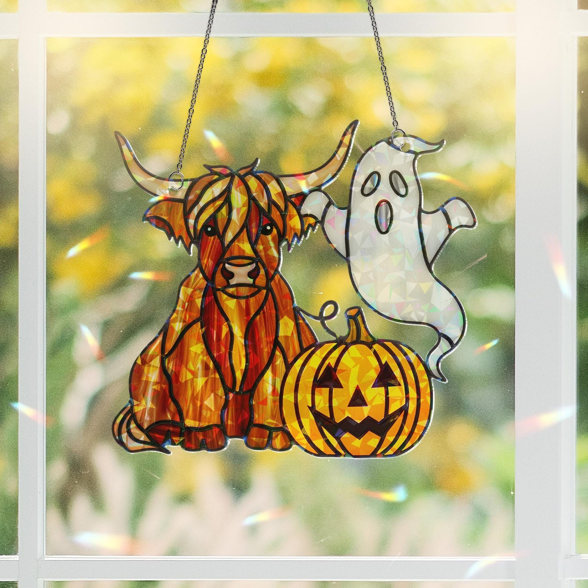 Highland Cow Halloween Suncatcher – Holographic Ghost Pumpkin Window Decor – Cute Fall Cow Gift – Spooky Acrylic Hanging Art