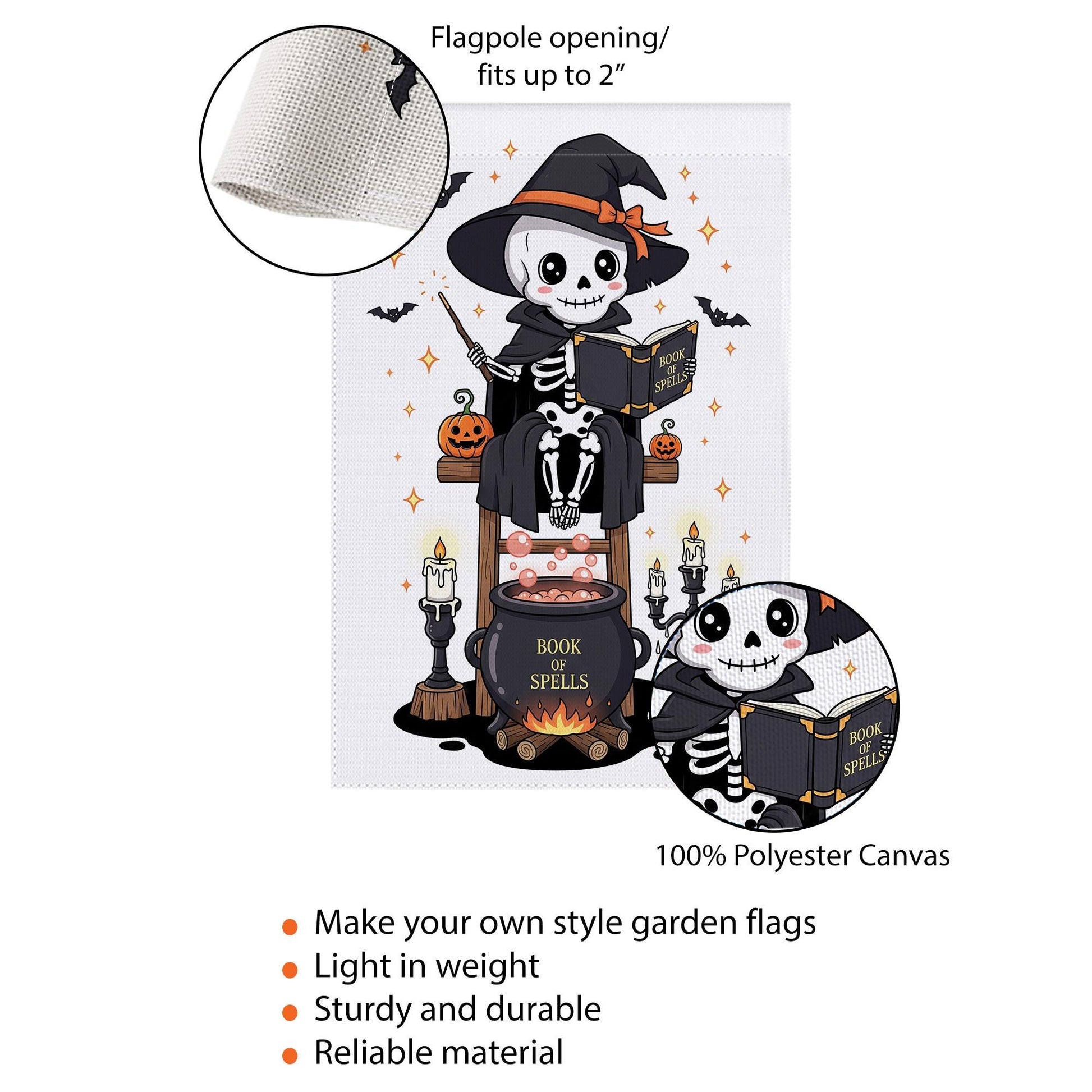 Cute Skeleton Witch with Book of Spells Halloween Garden Flag – Skeleton Cauldron Spooky Decor