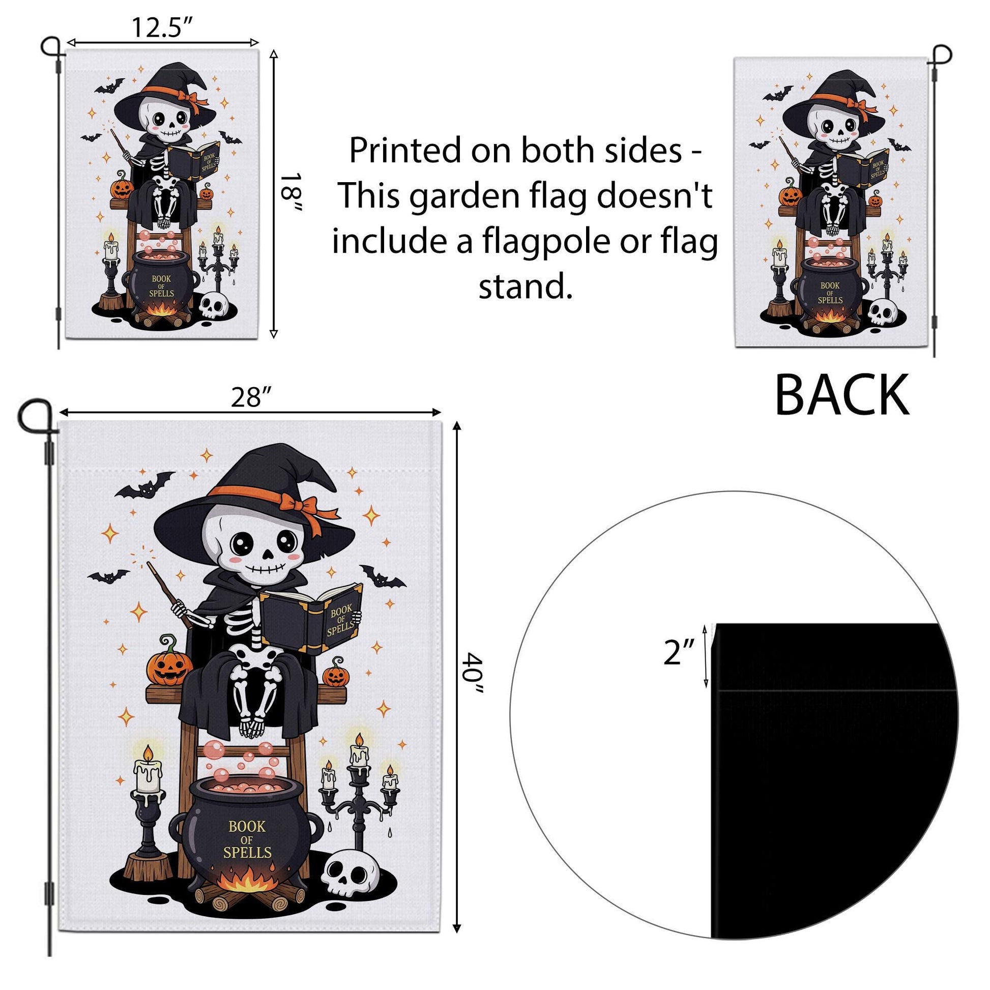 Cute Skeleton Witch with Book of Spells Halloween Garden Flag – Skeleton Cauldron Spooky Decor