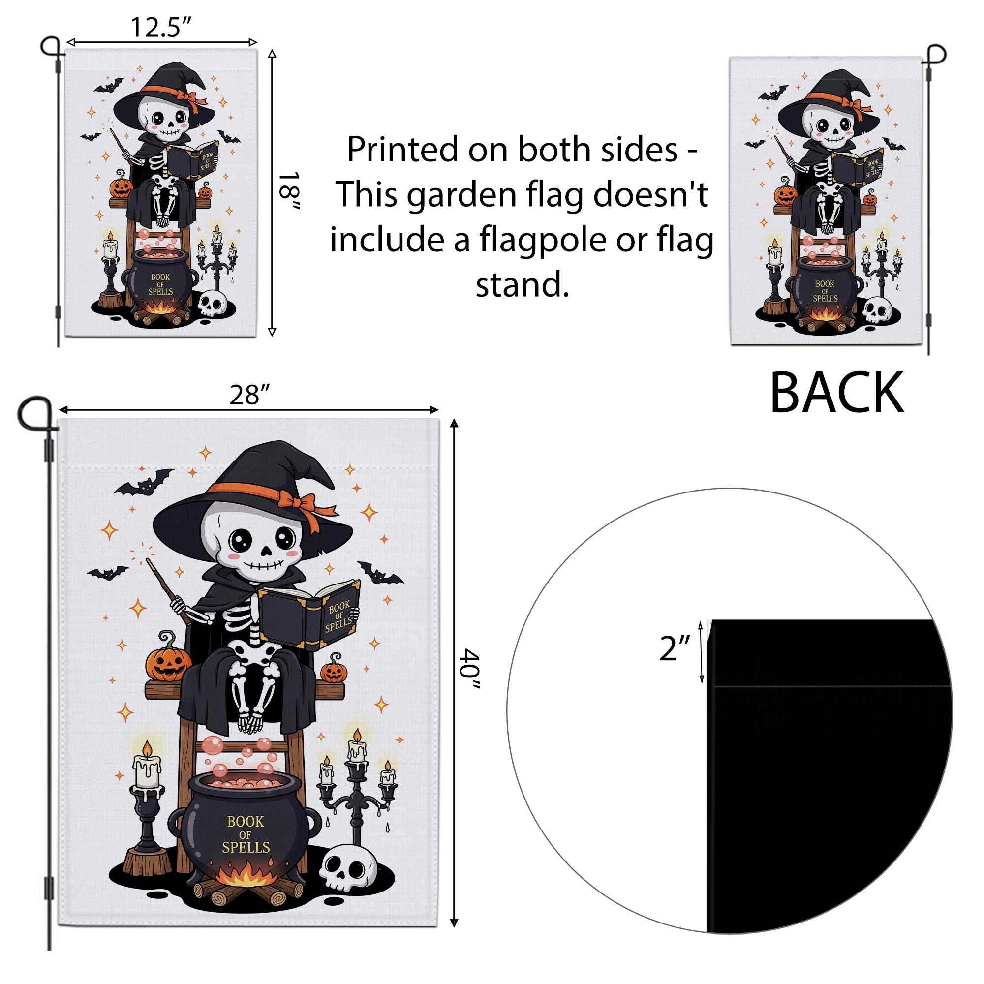Cute Skeleton Witch with Book of Spells Halloween Garden Flag – Skeleton Cauldron Spooky Decor
