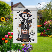 Cute Skeleton Witch with Book of Spells Halloween Garden Flag – Skeleton Cauldron Spooky Decor