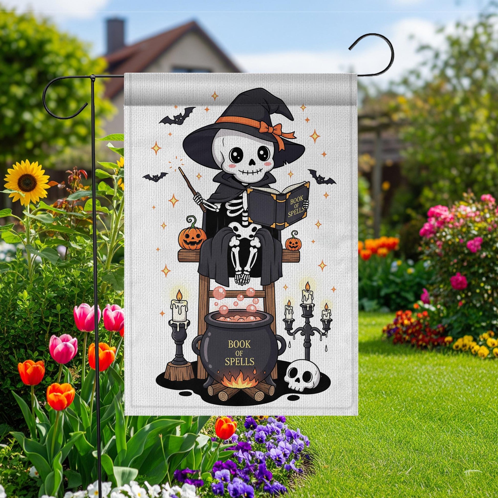 Cute Skeleton Witch with Book of Spells Halloween Garden Flag – Skeleton Cauldron Spooky Decor