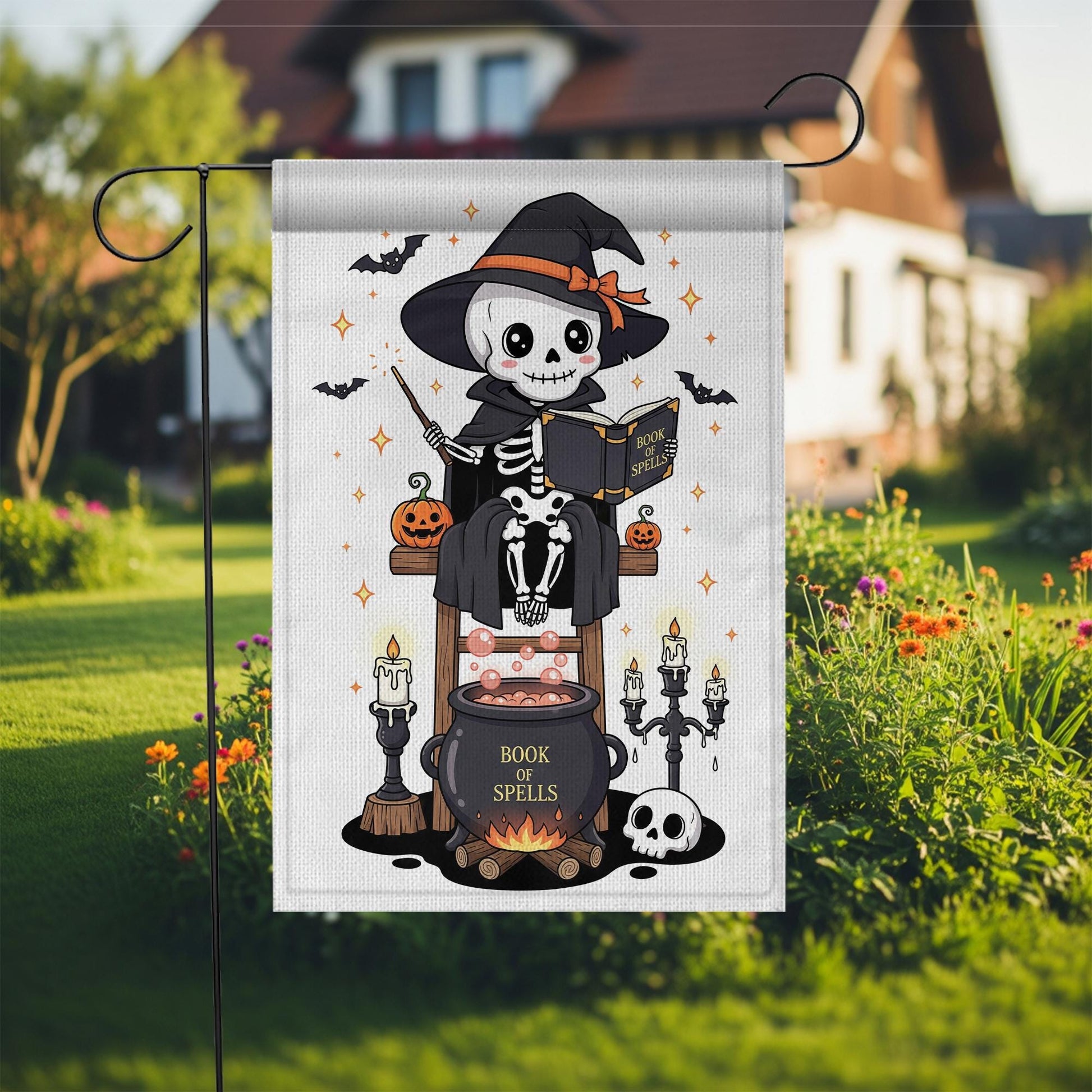 Cute Skeleton Witch with Book of Spells Halloween Garden Flag – Skeleton Cauldron Spooky Decor