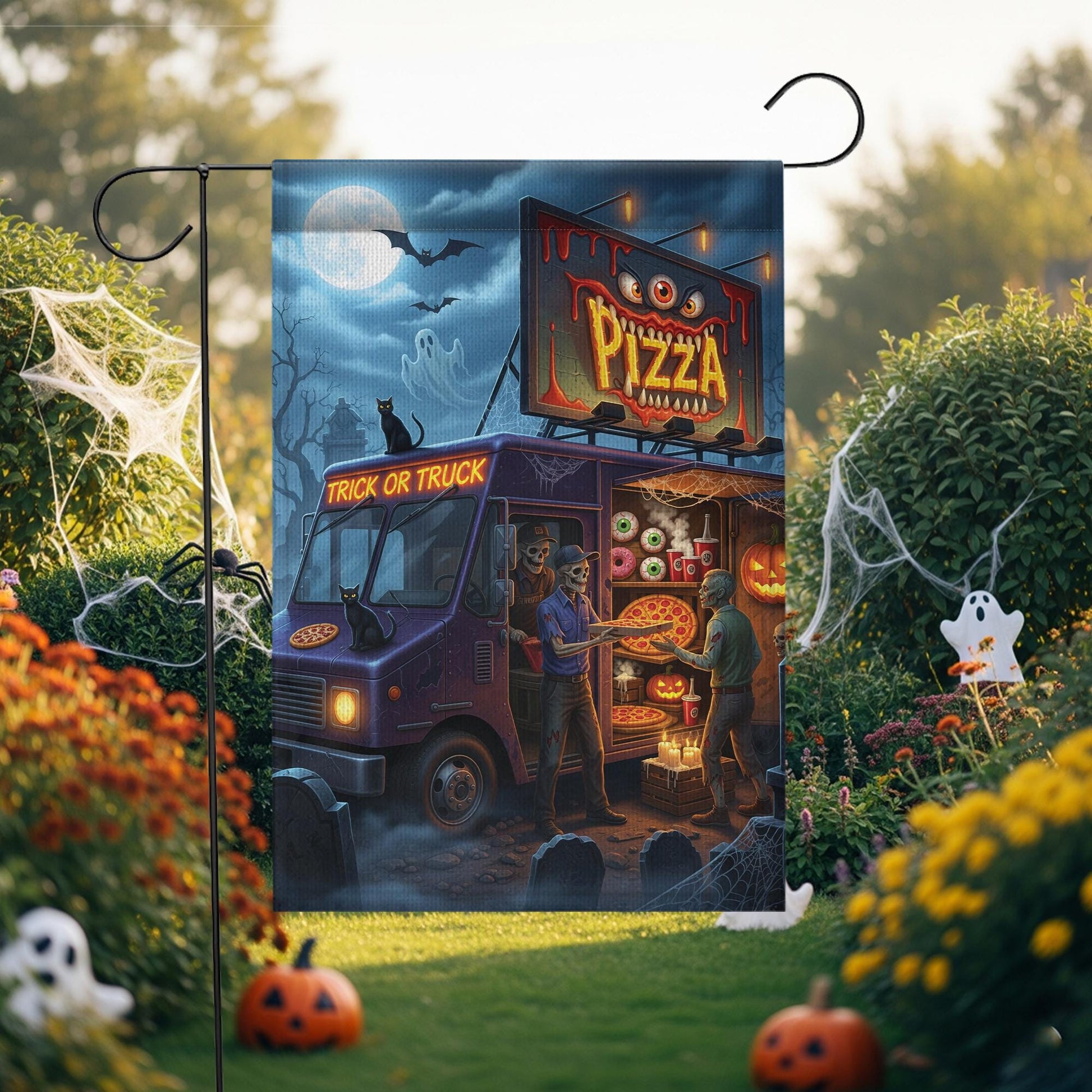 Halloween Pizza Truck Skeleton Flag – Trick or Truck Pizza Skeleton Outdoor Garden Decor