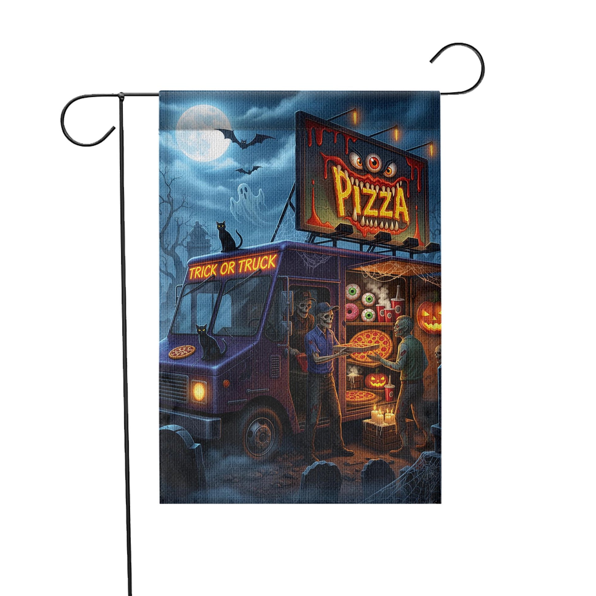 Halloween Pizza Truck Skeleton Flag – Trick or Truck Pizza Skeleton Outdoor Garden Decor