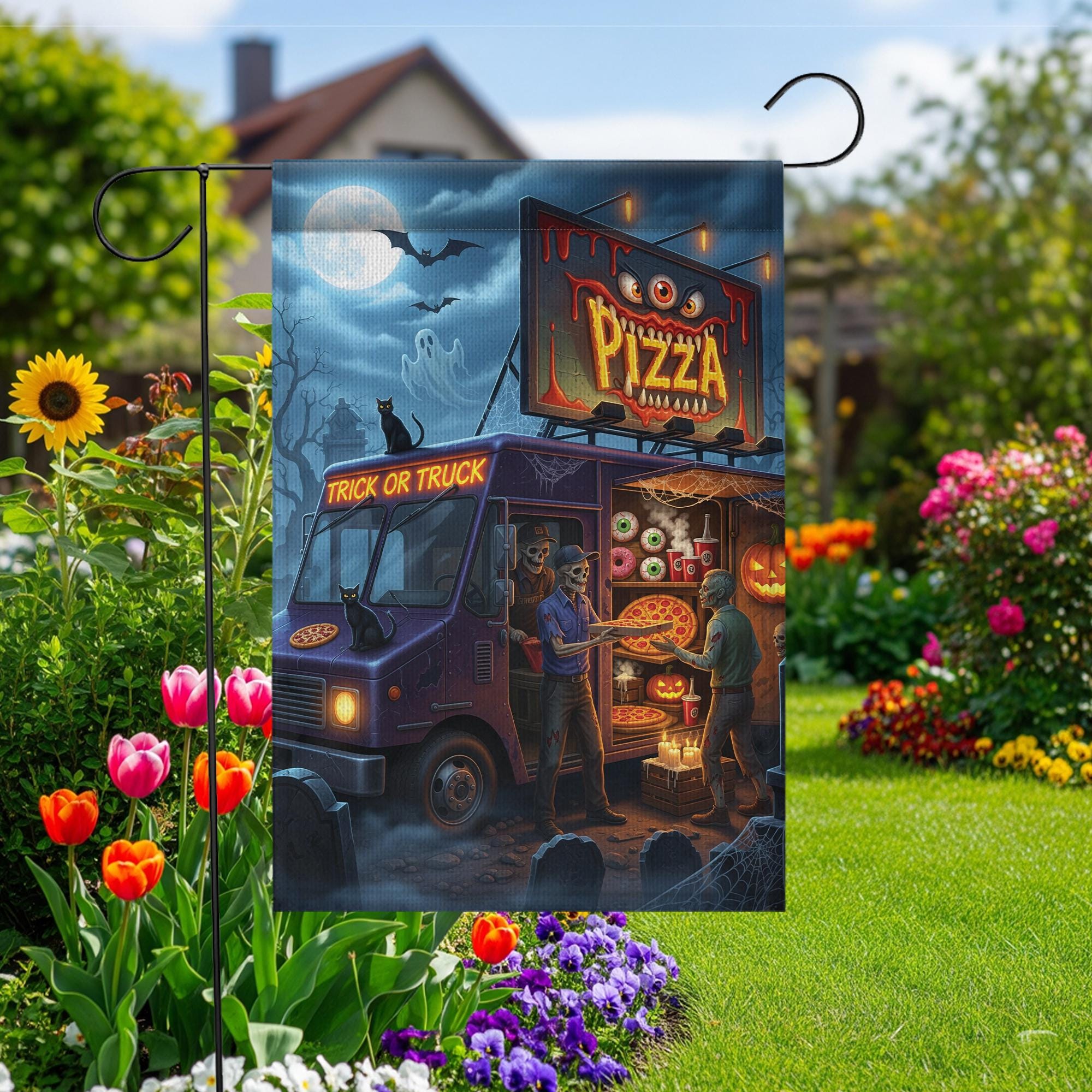 Halloween Pizza Truck Skeleton Flag – Trick or Truck Pizza Skeleton Outdoor Garden Decor