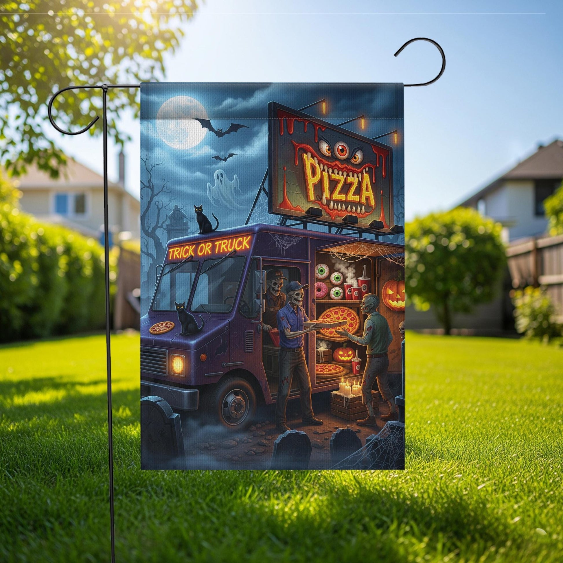 Halloween Pizza Truck Skeleton Flag – Trick or Truck Pizza Skeleton Outdoor Garden Decor