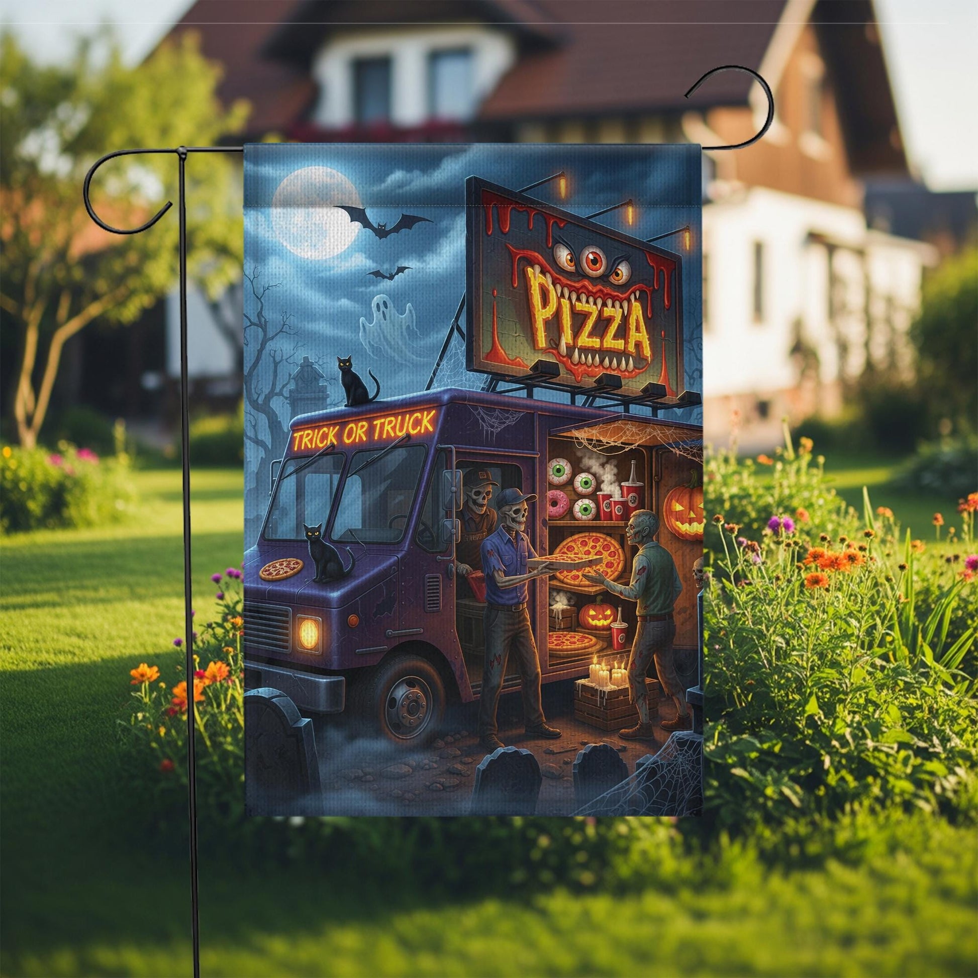 Halloween Pizza Truck Skeleton Flag – Trick or Truck Pizza Skeleton Outdoor Garden Decor