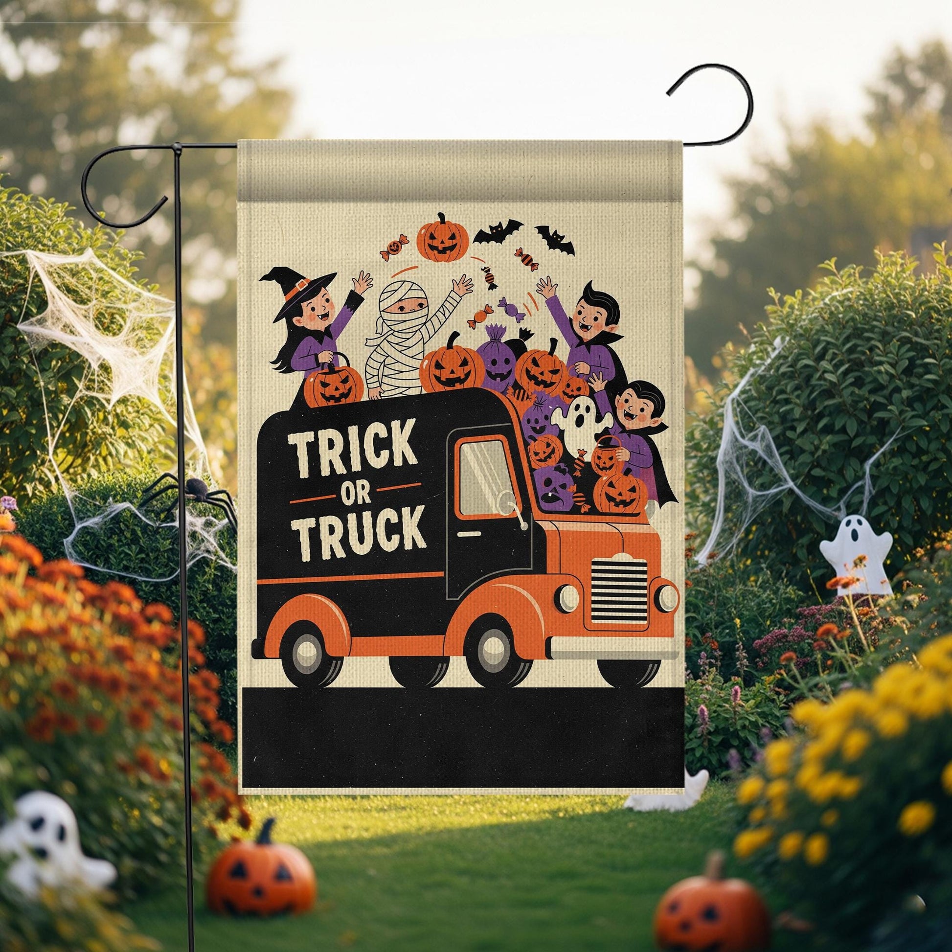 Trick or Truck Halloween Pumpkin Truck Flag – Kids Costume Truck Garden Decor
