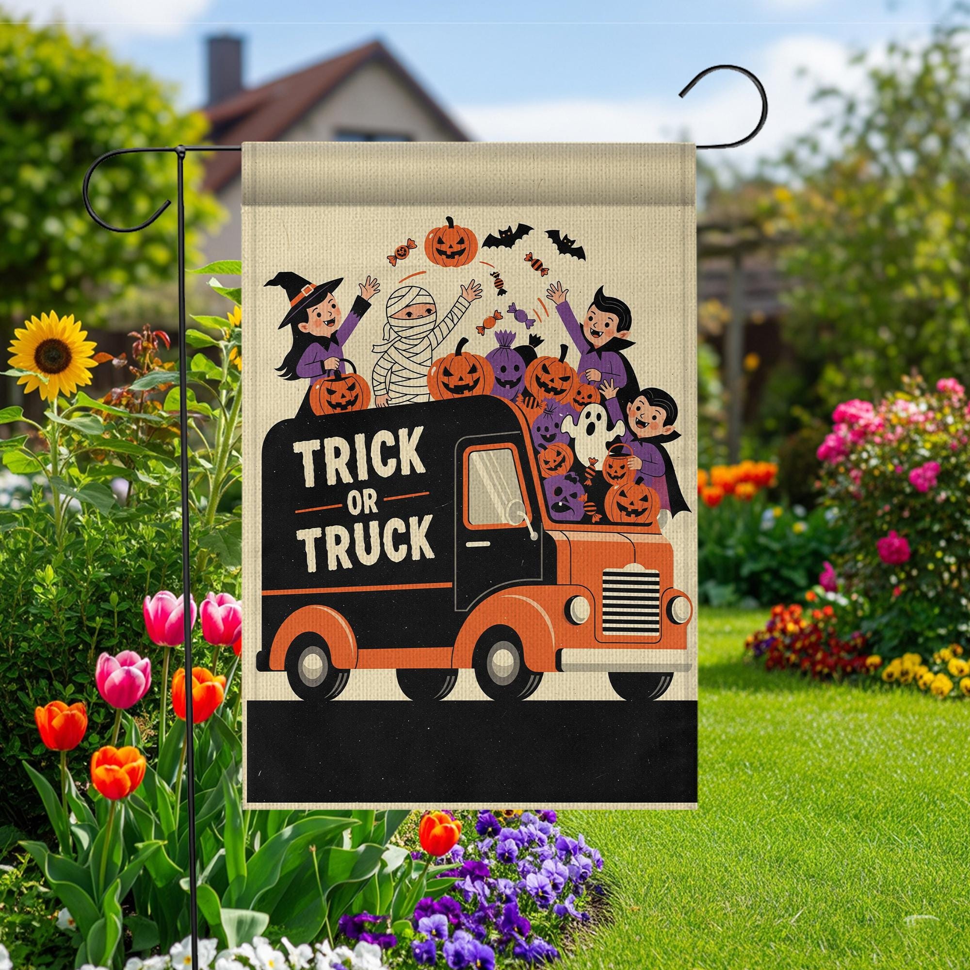 Trick or Truck Halloween Pumpkin Truck Flag – Kids Costume Truck Garden Decor