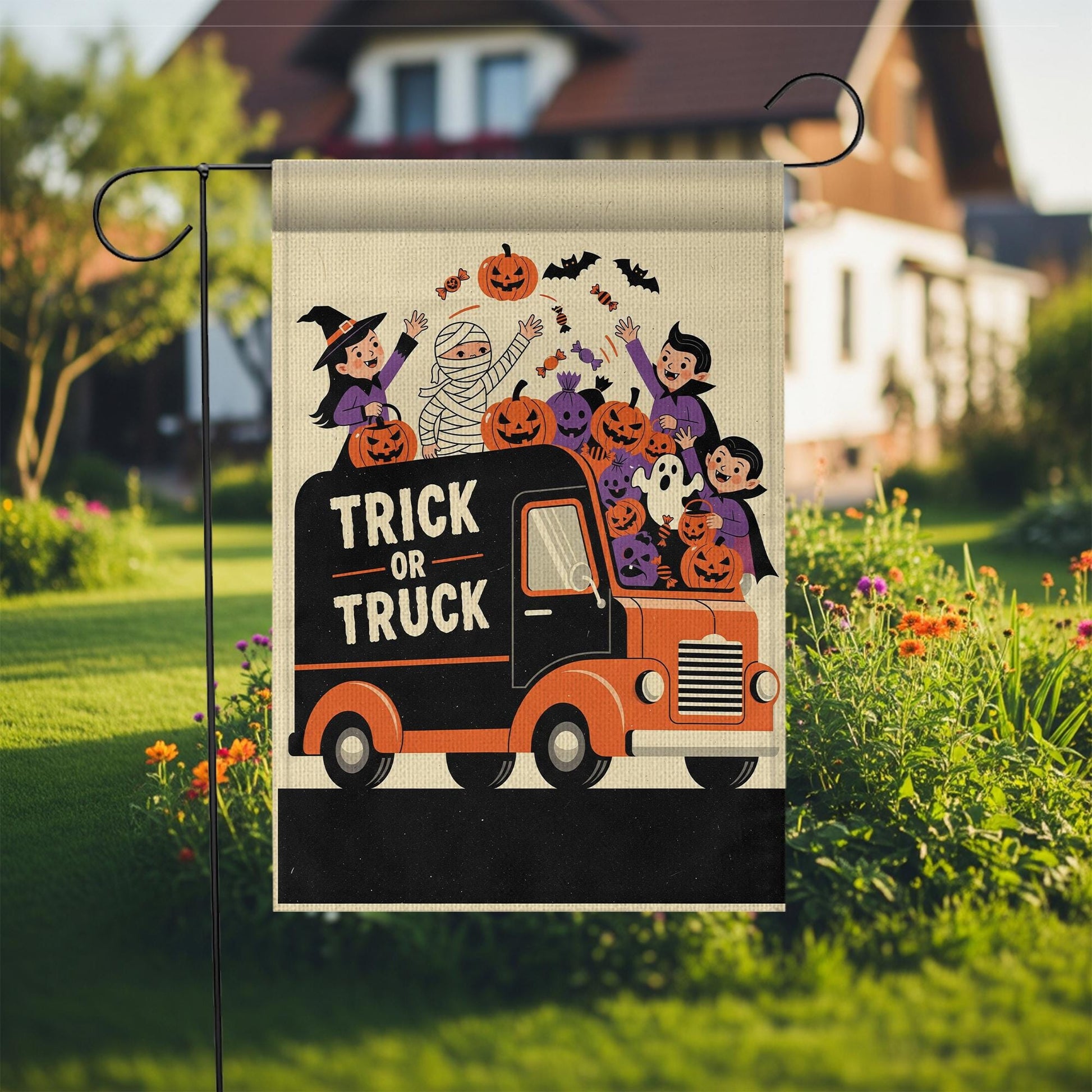 Trick or Truck Halloween Pumpkin Truck Flag – Kids Costume Truck Garden Decor