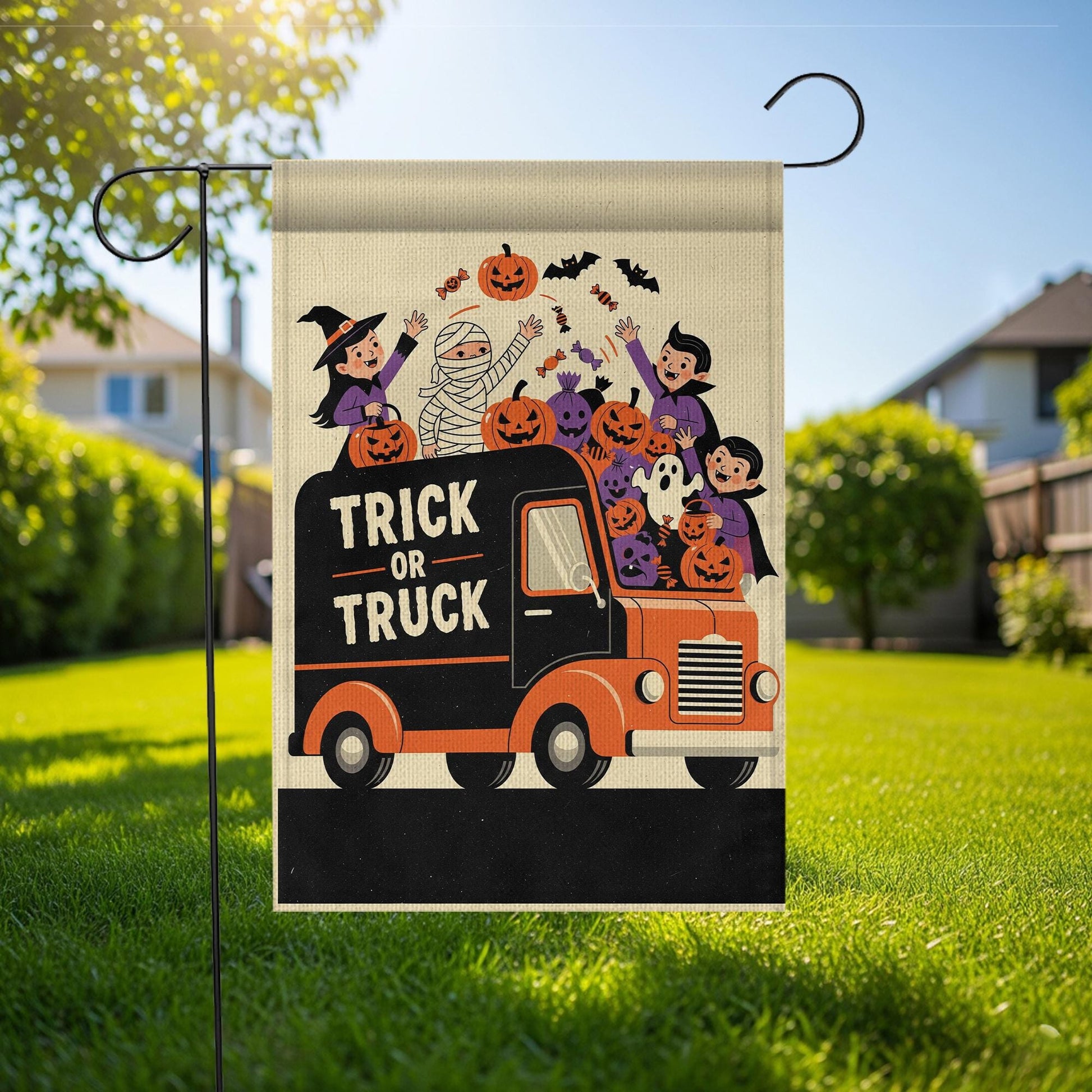 Trick or Truck Halloween Pumpkin Truck Flag – Kids Costume Truck Garden Decor