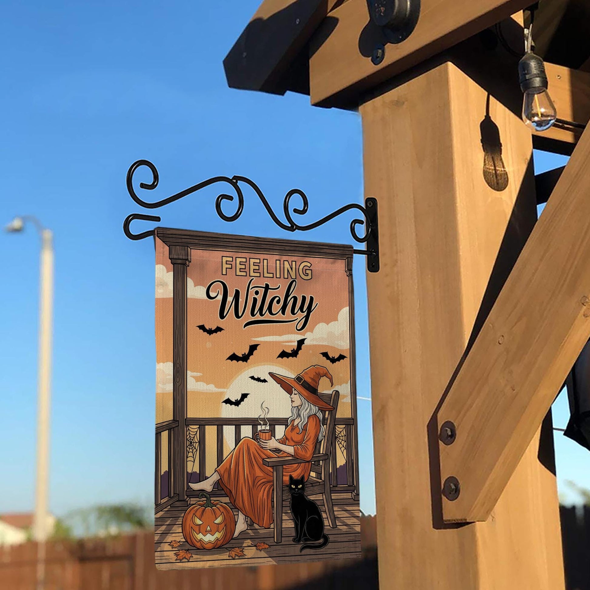 Feeling Witchy Halloween Witch Garden Flag – Witchy Porch Decor with Black Cat and Bats