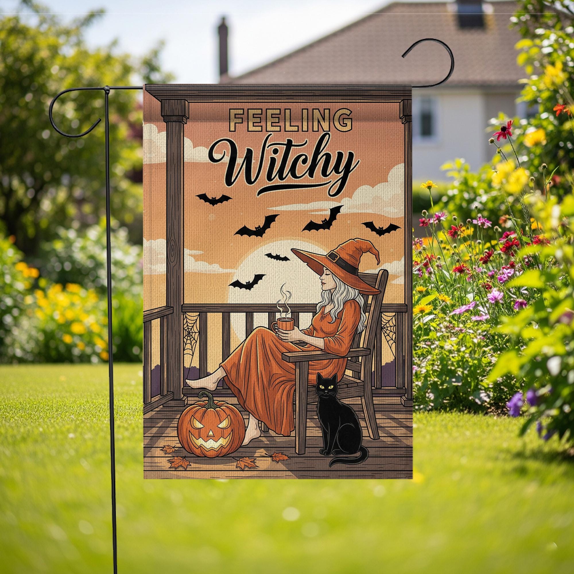 Feeling Witchy Halloween Witch Garden Flag – Witchy Porch Decor with Black Cat and Bats