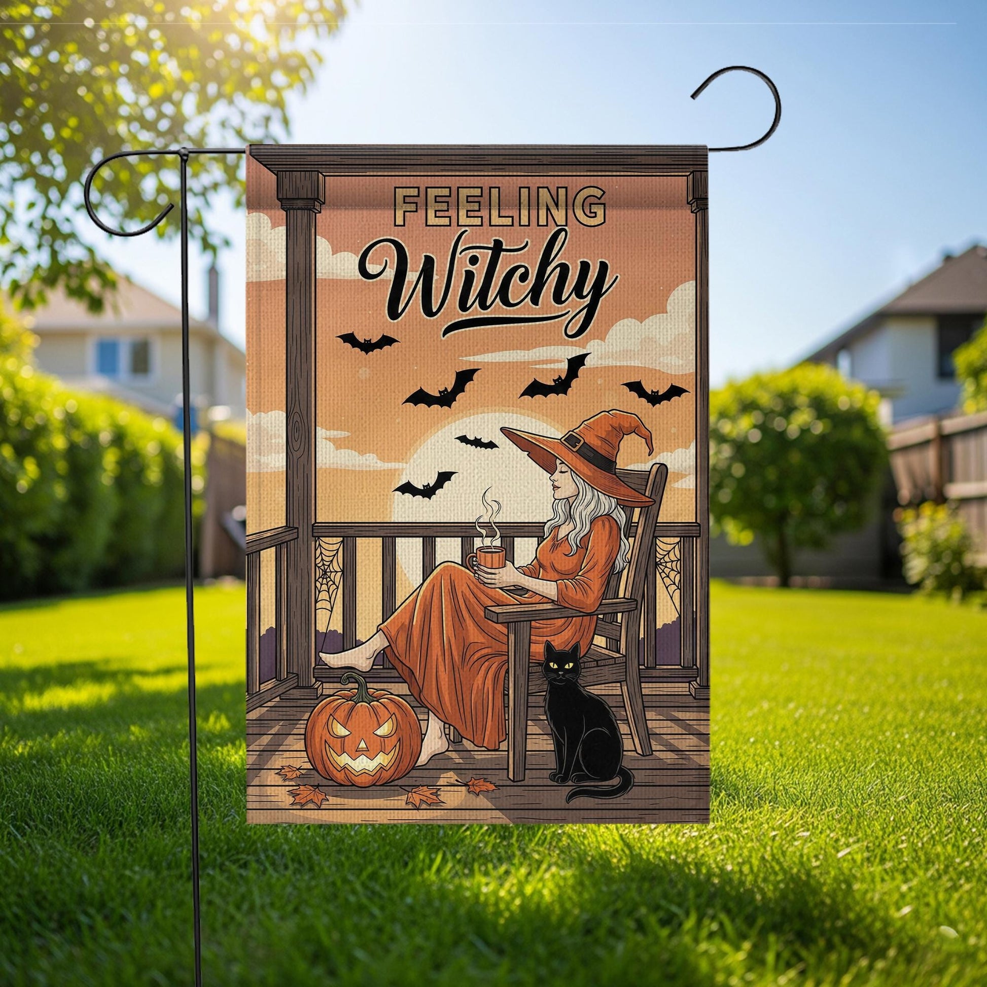 Feeling Witchy Halloween Witch Garden Flag – Witchy Porch Decor with Black Cat and Bats