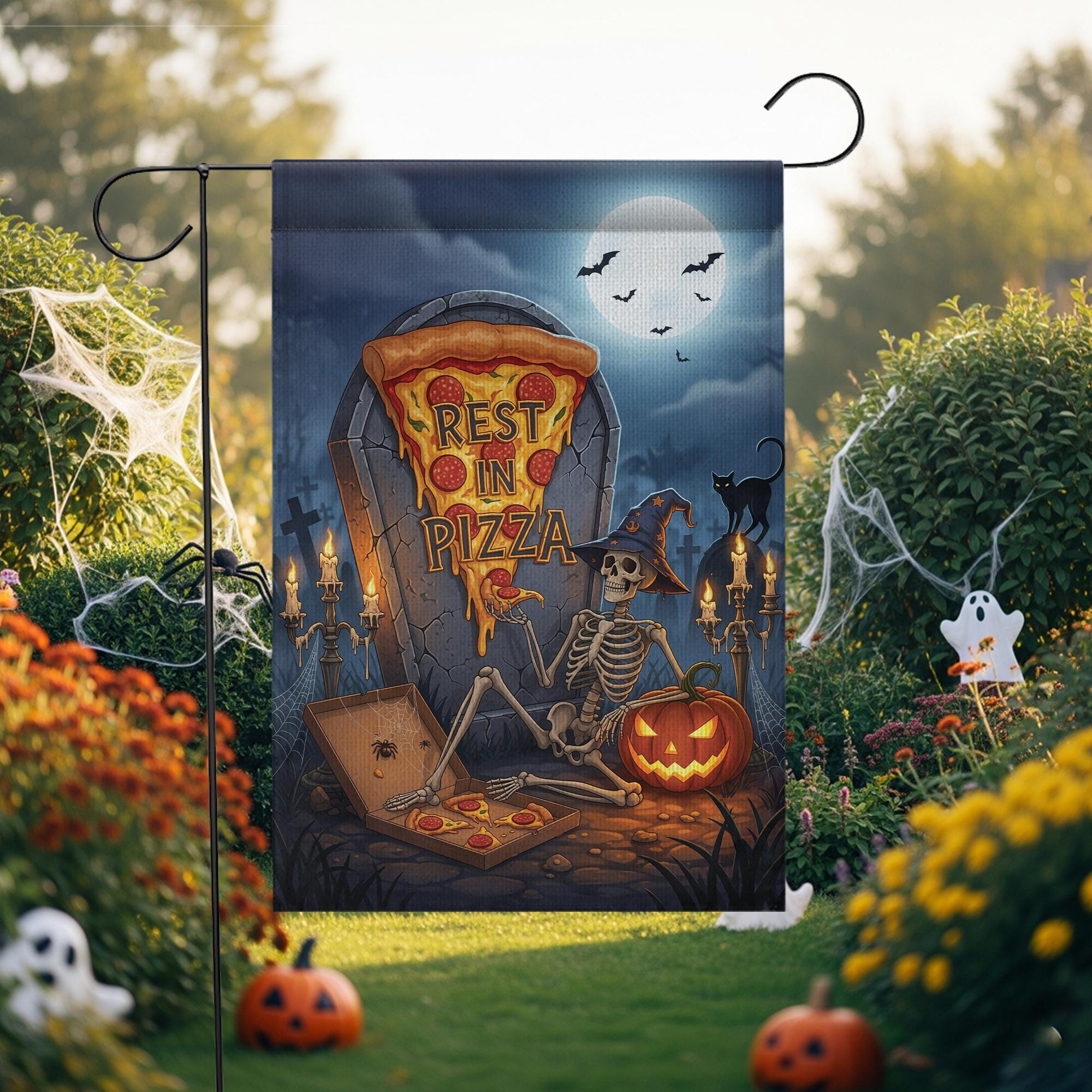 Rest in Pizza Skeleton Flag – Halloween Pizza Graveyard Garden Decor
