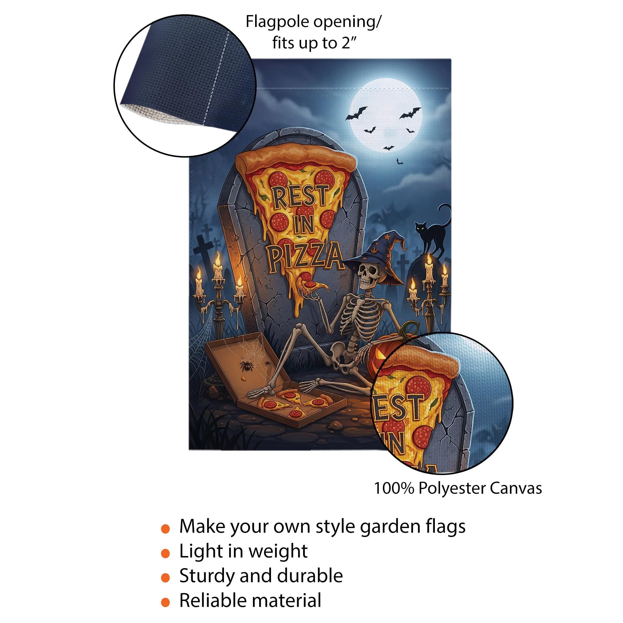 Rest in Pizza Skeleton Flag – Halloween Pizza Graveyard Garden Decor