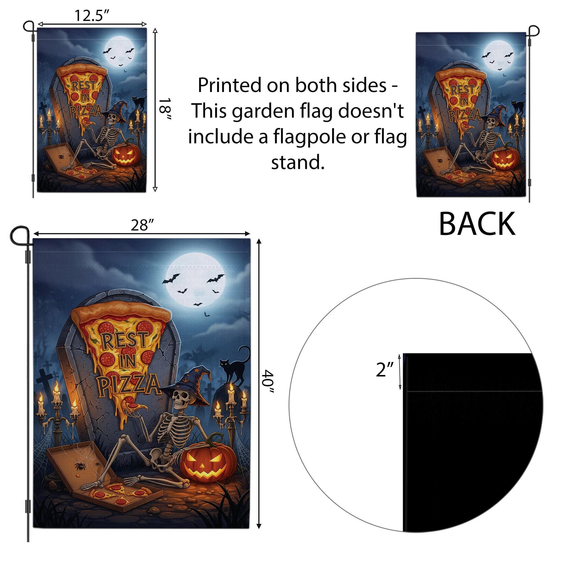Rest in Pizza Skeleton Flag – Halloween Pizza Graveyard Garden Decor