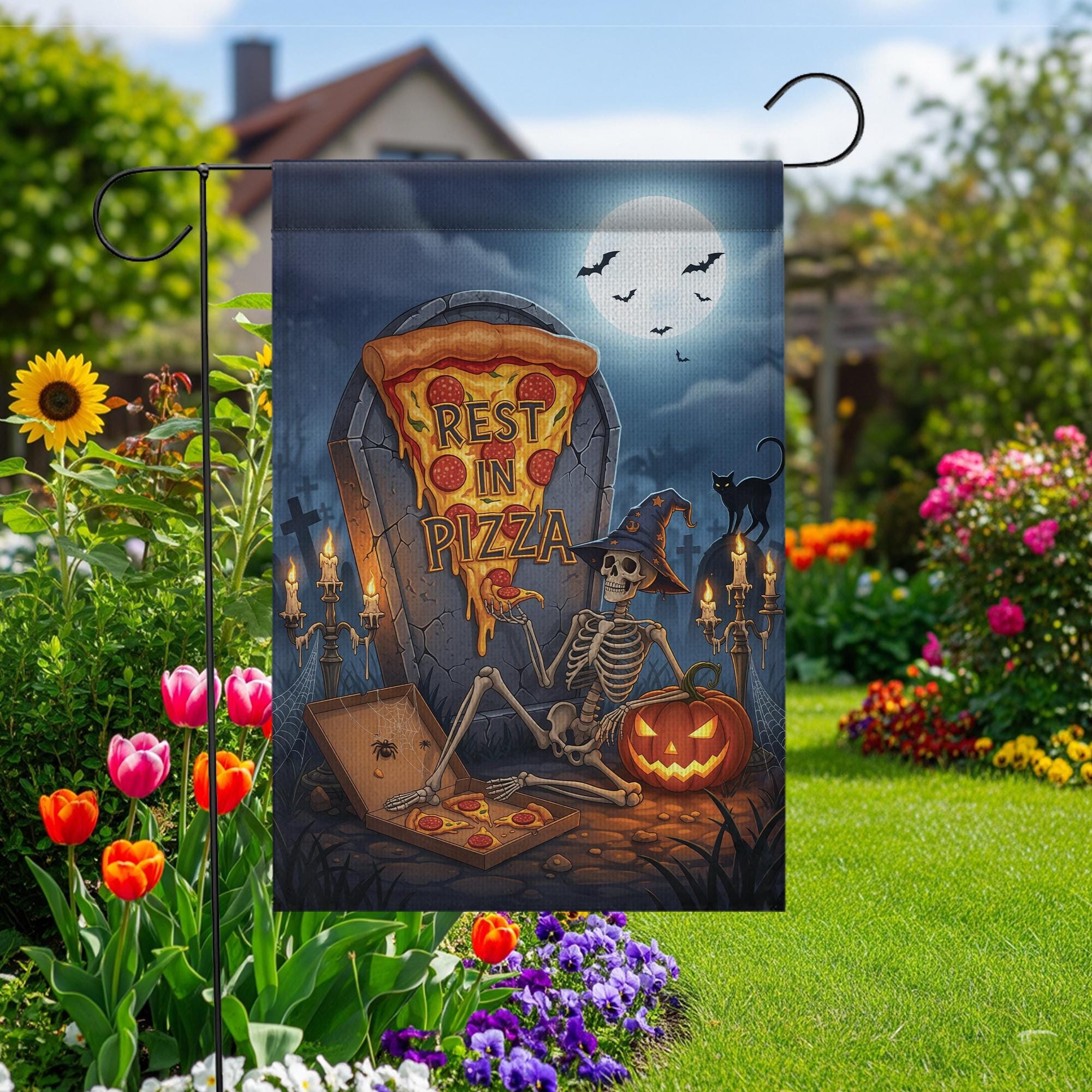 Rest in Pizza Skeleton Flag – Halloween Pizza Graveyard Garden Decor