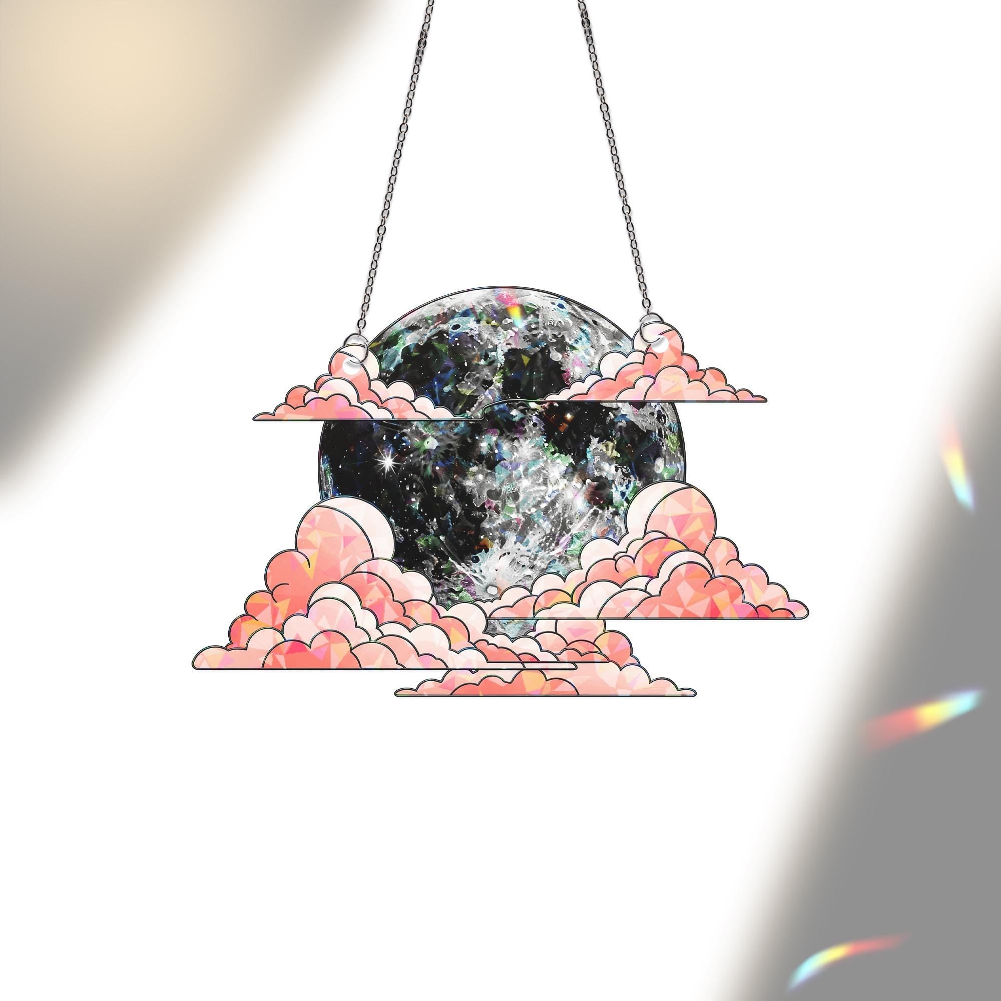 Celestial Moon & Clouds Holographic Suncatcher – Prism Window Hanging, Hologram Moon Decor, Dreamy Light Catcher for Home and Gifts