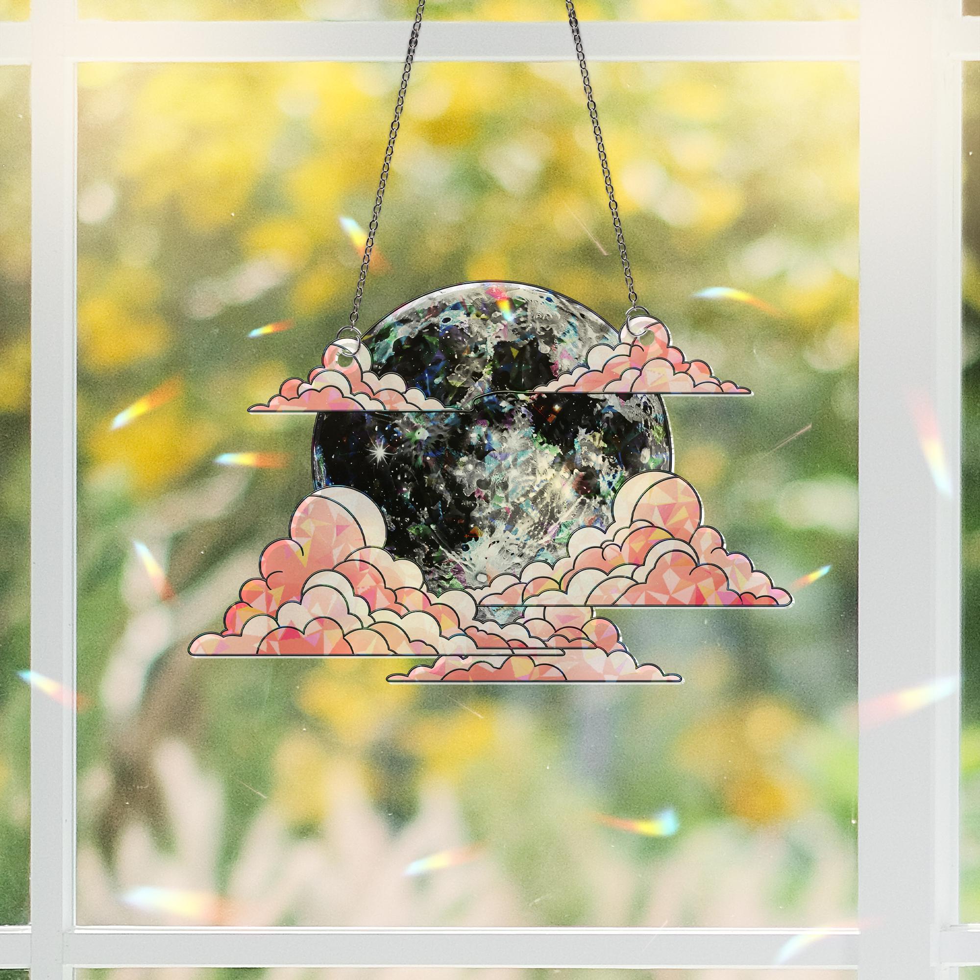 Celestial Moon & Clouds Holographic Suncatcher – Prism Window Hanging, Hologram Moon Decor, Dreamy Light Catcher for Home and Gifts