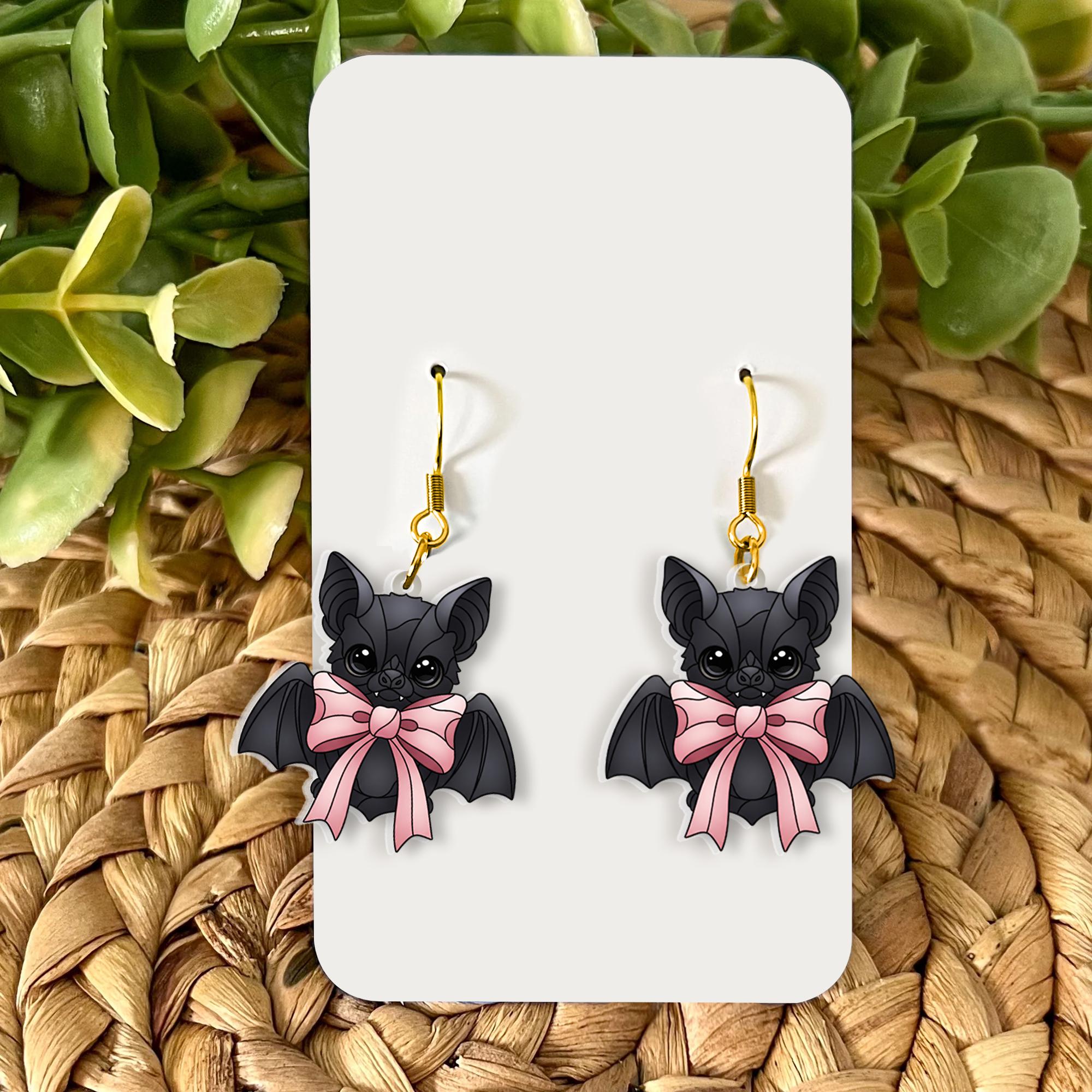 Cute Bat Earrings with Pink Bow – Gothic Halloween Dangle Jewelry, Whimsical Vampire Bat Accessory, Unique Gift for her