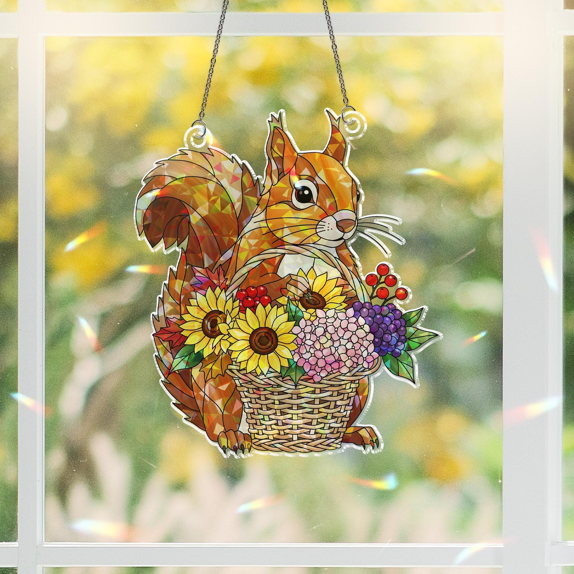 Autumn Squirrel Holographic Suncatcher – Prism Window Hanging, Fall Basket Flowers Window Ornament, Woodland Light Catcher Decor
