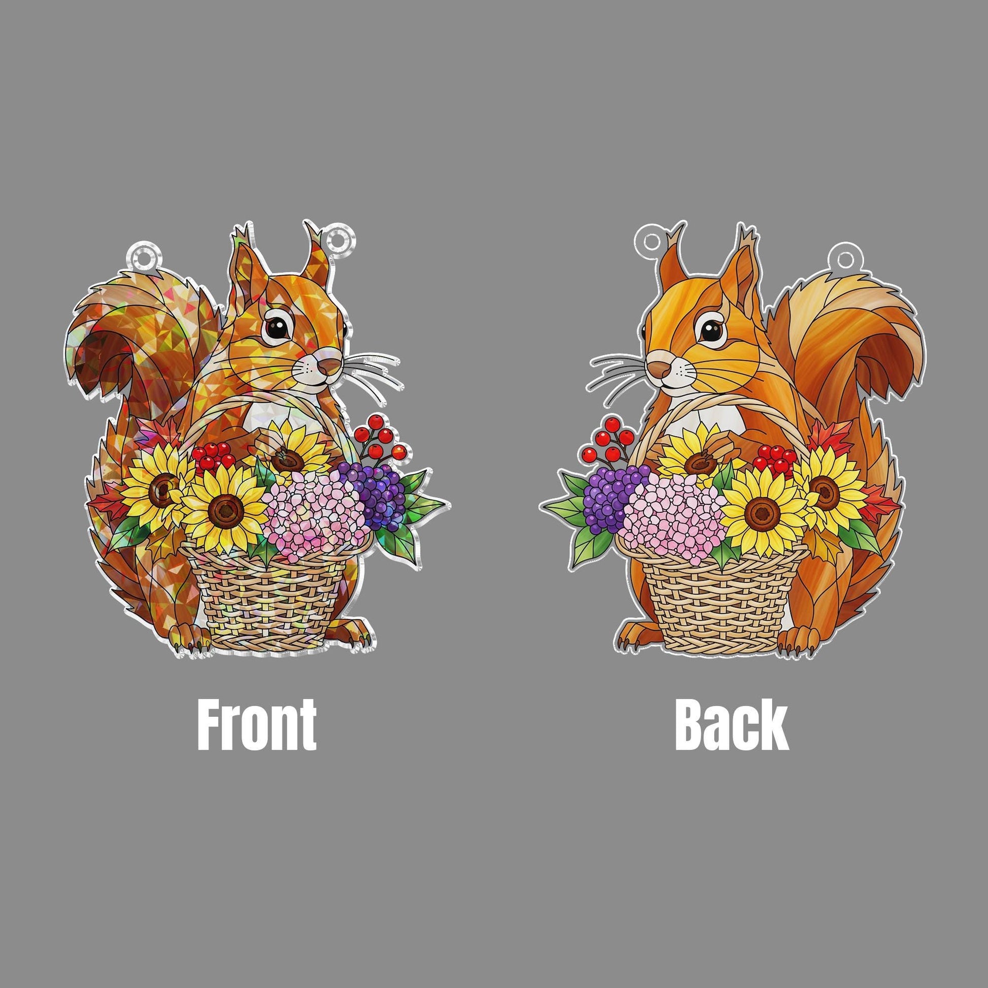 Autumn Squirrel Holographic Suncatcher – Prism Window Hanging, Fall Basket Flowers Window Ornament, Woodland Light Catcher Decor