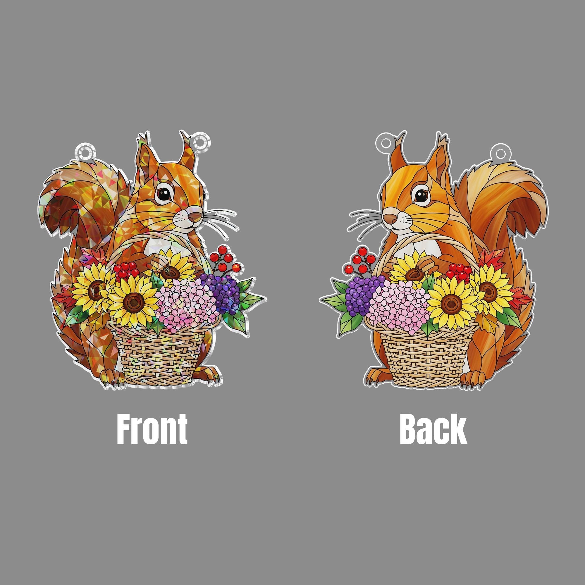 Autumn Squirrel Holographic Suncatcher – Prism Window Hanging, Fall Basket Flowers Window Ornament, Woodland Light Catcher Decor