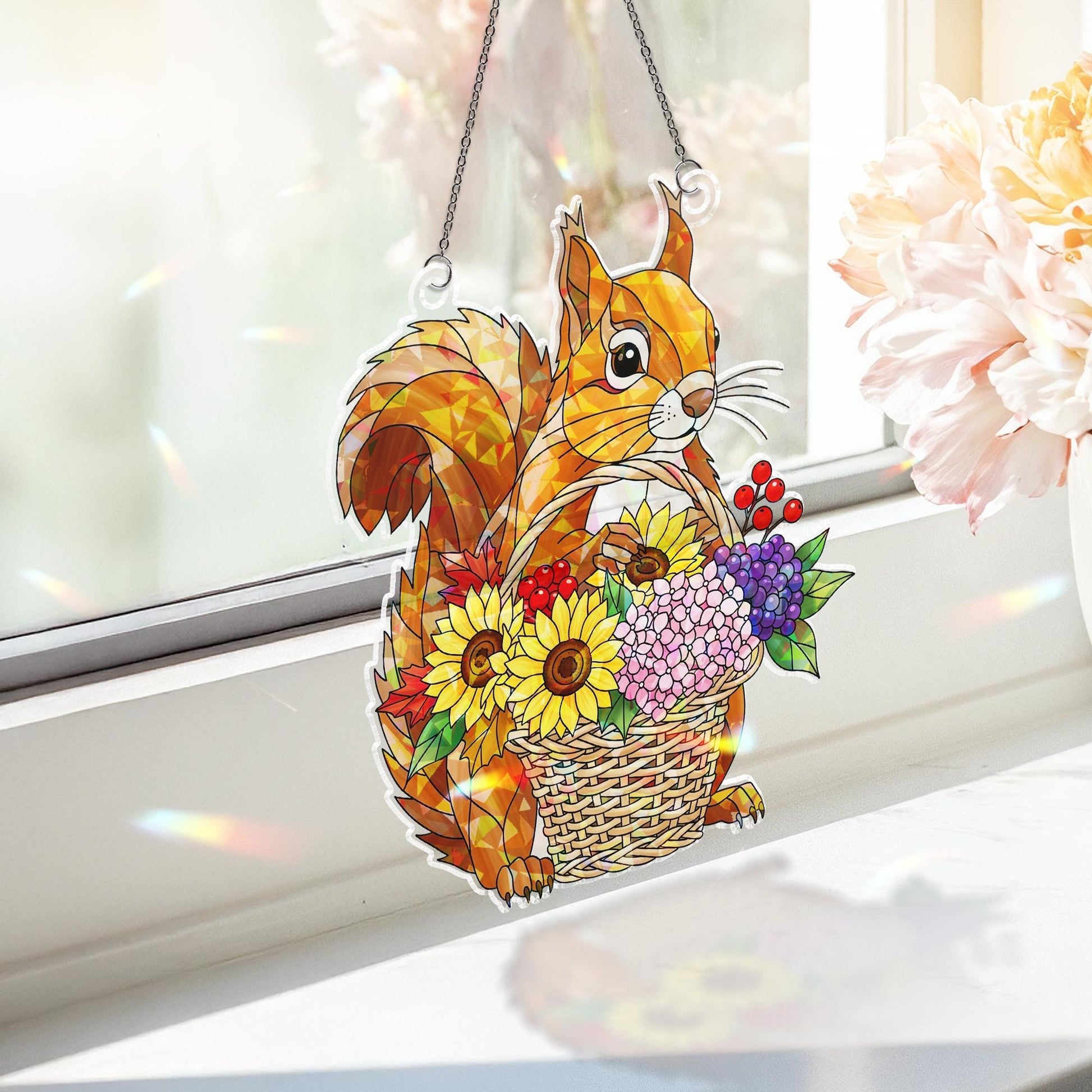 Autumn Squirrel Holographic Suncatcher – Prism Window Hanging, Fall Basket Flowers Window Ornament, Woodland Light Catcher Decor