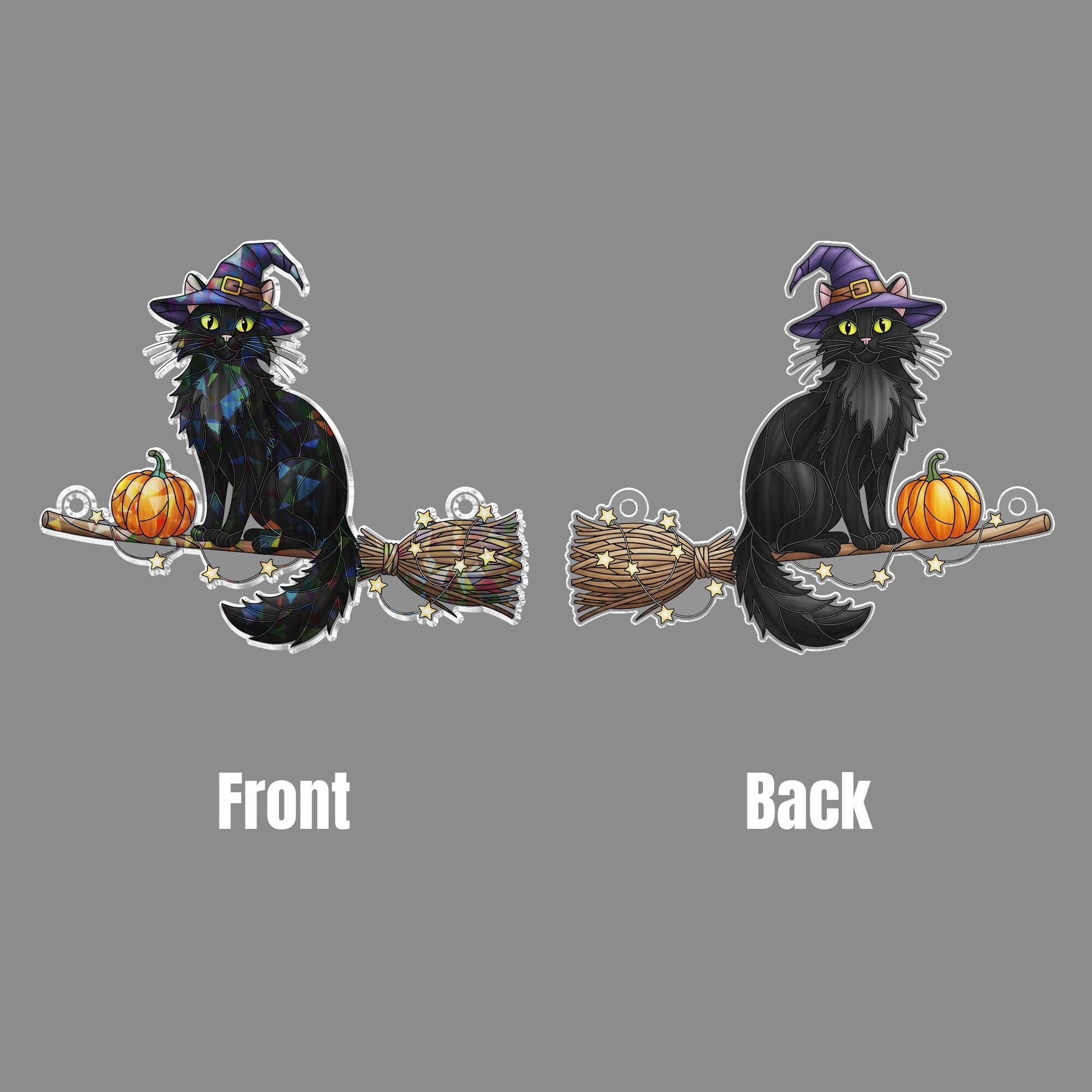 Witch Cat & Pumpkin Holographic Suncatcher – Black Cat on Broom with Pumpkin, Prism Window Hanging, Halloween Decor and Gift