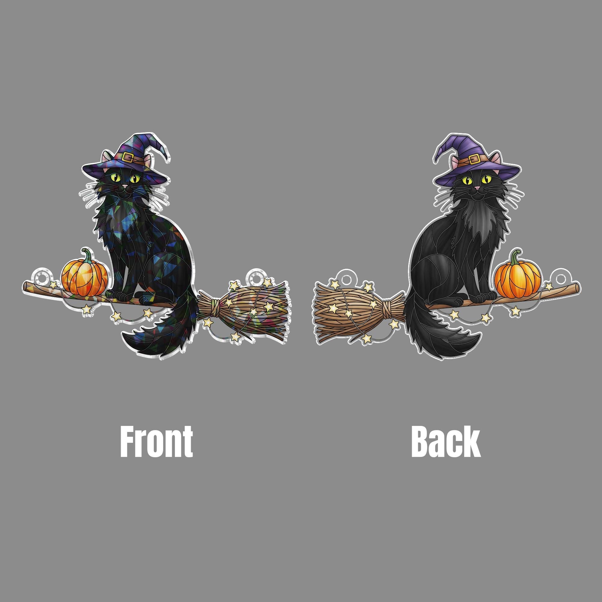 Witch Cat & Pumpkin Holographic Suncatcher – Black Cat on Broom with Pumpkin, Prism Window Hanging, Halloween Decor and Gift