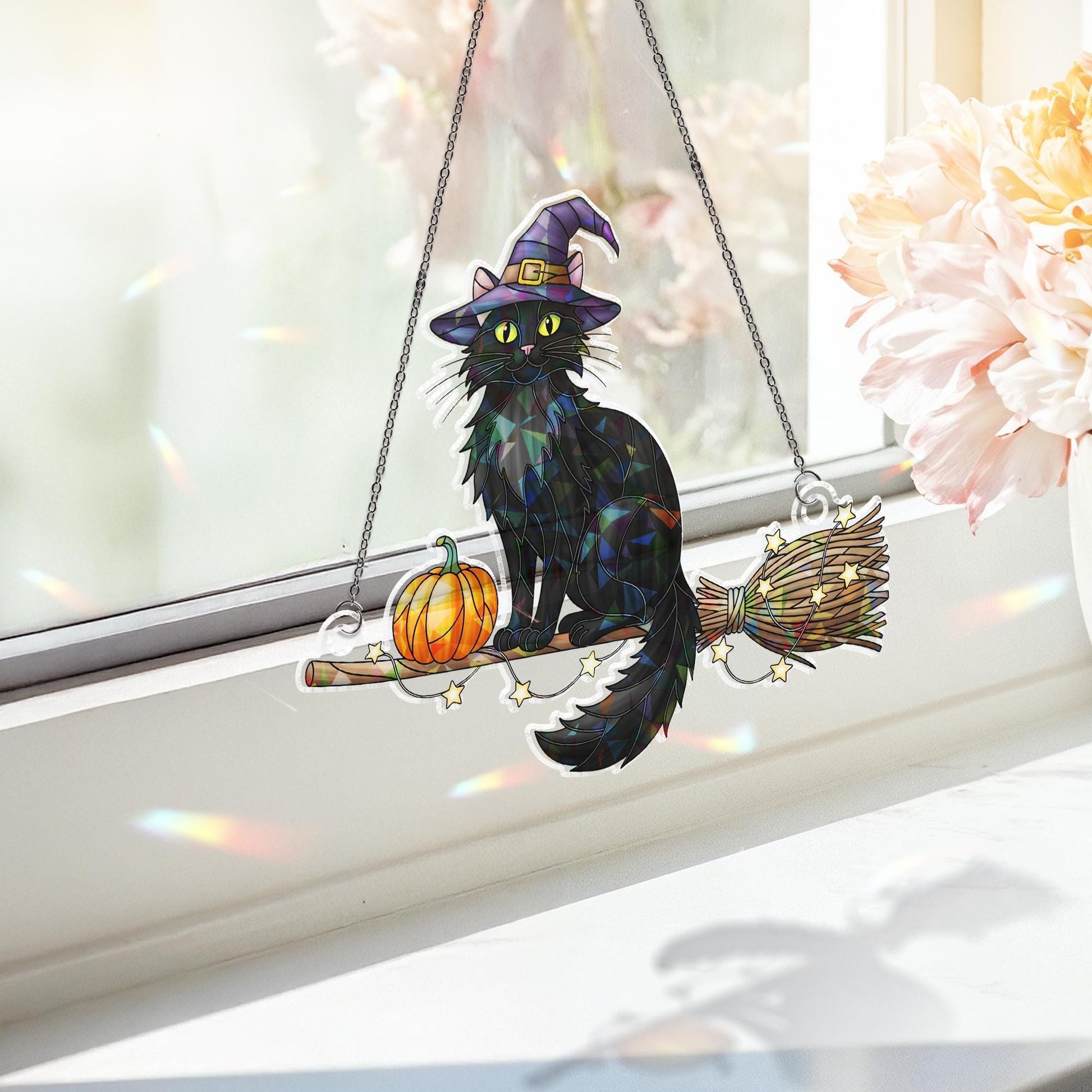Witch Cat & Pumpkin Holographic Suncatcher – Black Cat on Broom with Pumpkin, Prism Window Hanging, Halloween Decor and Gift