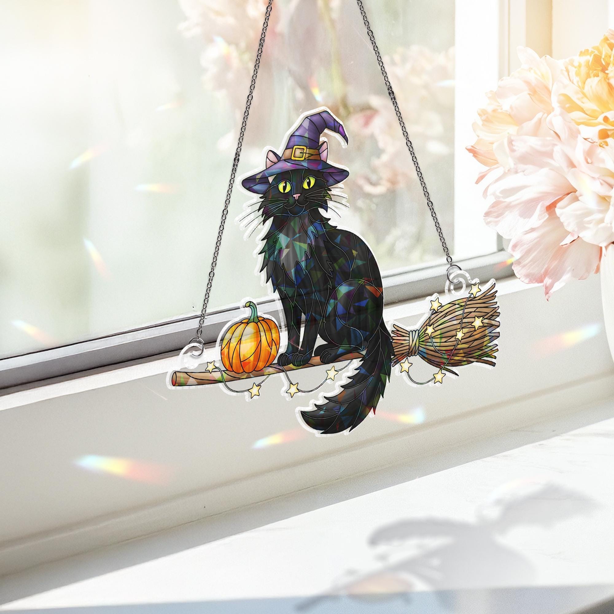 Witch Cat & Pumpkin Holographic Suncatcher – Black Cat on Broom with Pumpkin, Prism Window Hanging, Halloween Decor and Gift