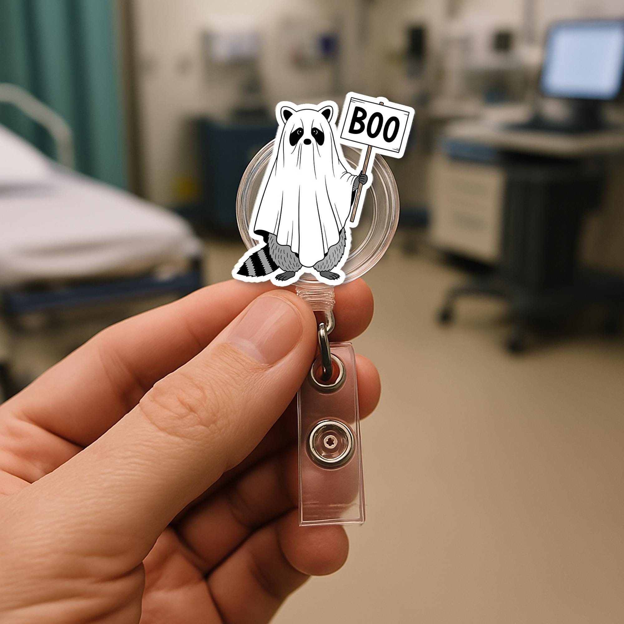 Ghost Raccoon Badge Reel – Cute Boo Raccoon ID Reel Holder, Spooky Halloween Nurse Reel, Retractable Lanyard Accessory Gift
