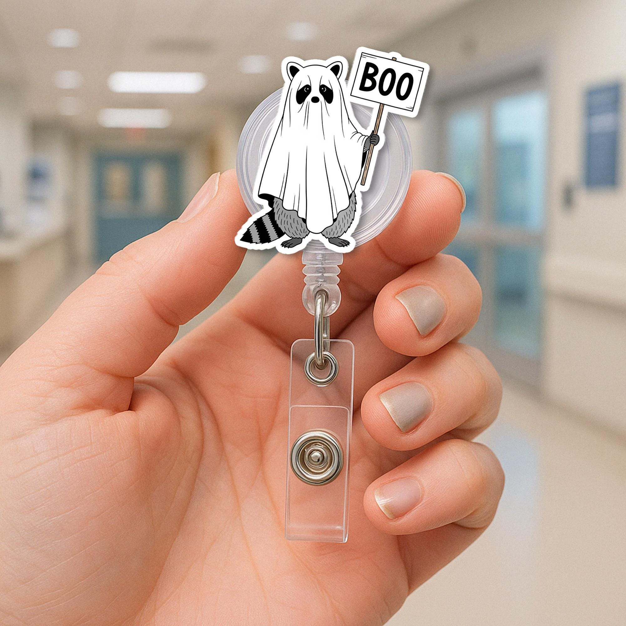 Ghost Raccoon Badge Reel – Cute Boo Raccoon ID Reel Holder, Spooky Halloween Nurse Reel, Retractable Lanyard Accessory Gift