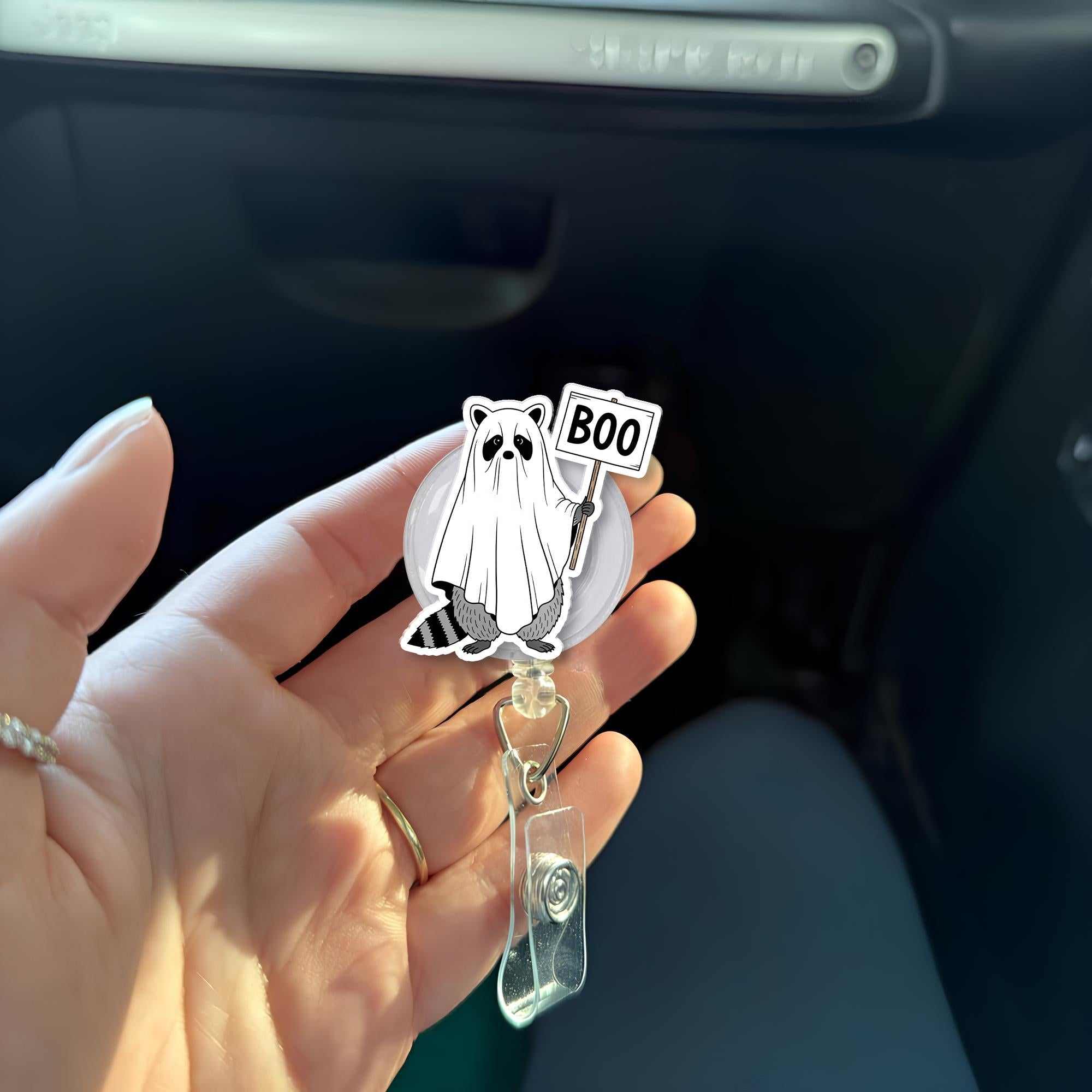 Ghost Raccoon Badge Reel – Cute Boo Raccoon ID Reel Holder, Spooky Halloween Nurse Reel, Retractable Lanyard Accessory Gift