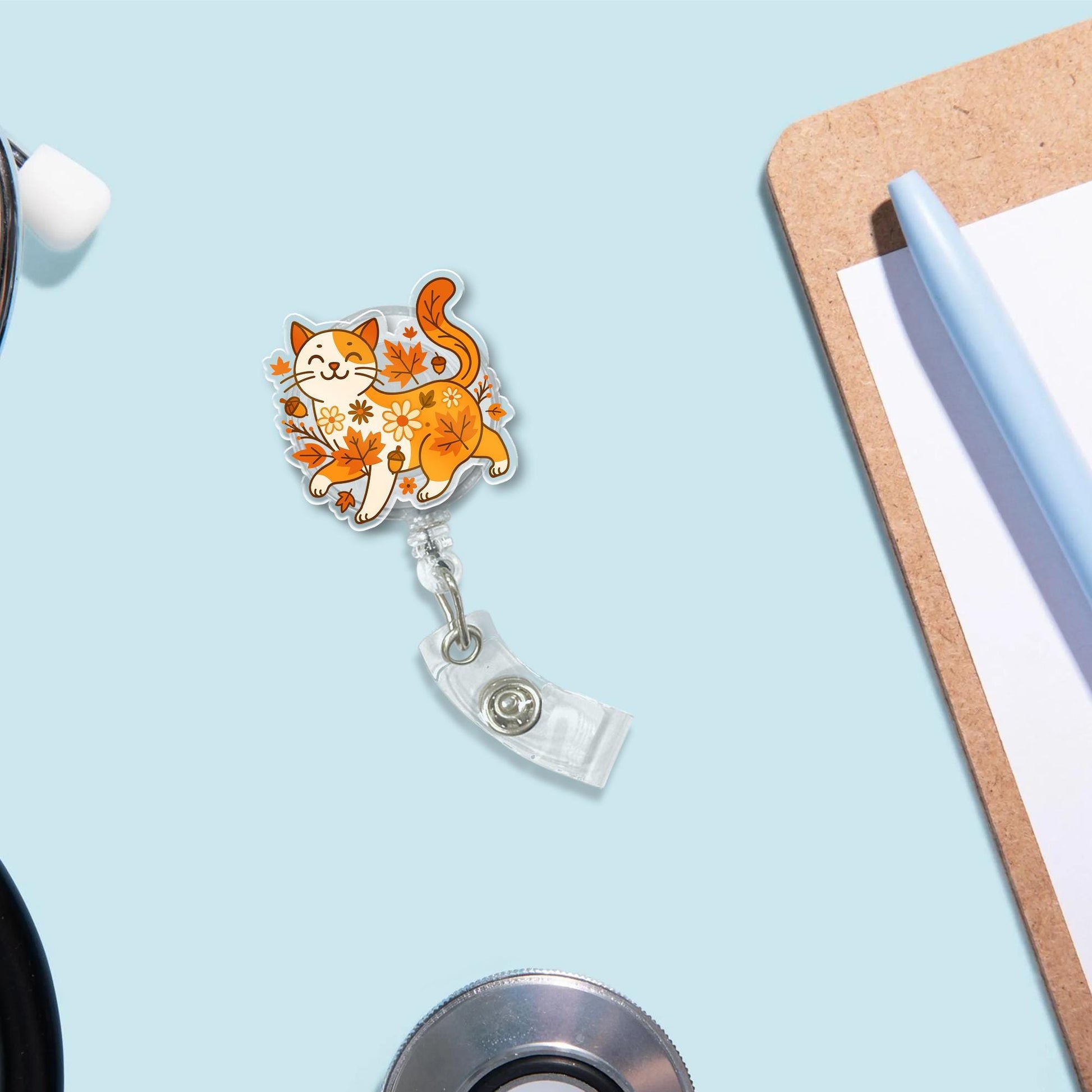Autumn Leaves Cat Badge Reel – Fall Floral Cat ID Badge Holder, Nurse Reel, Cute Cat with Leaves Retractable Zipper Clip Gift