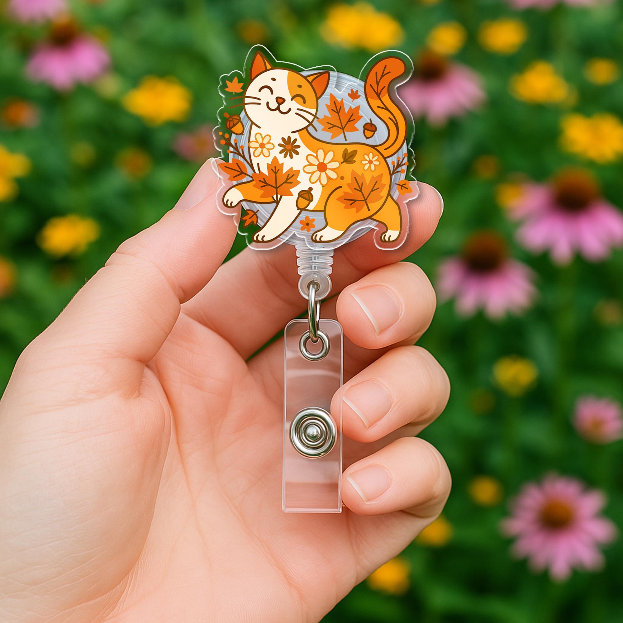 Autumn Leaves Cat Badge Reel – Fall Floral Cat ID Badge Holder, Nurse Reel, Cute Cat with Leaves Retractable Zipper Clip Gift