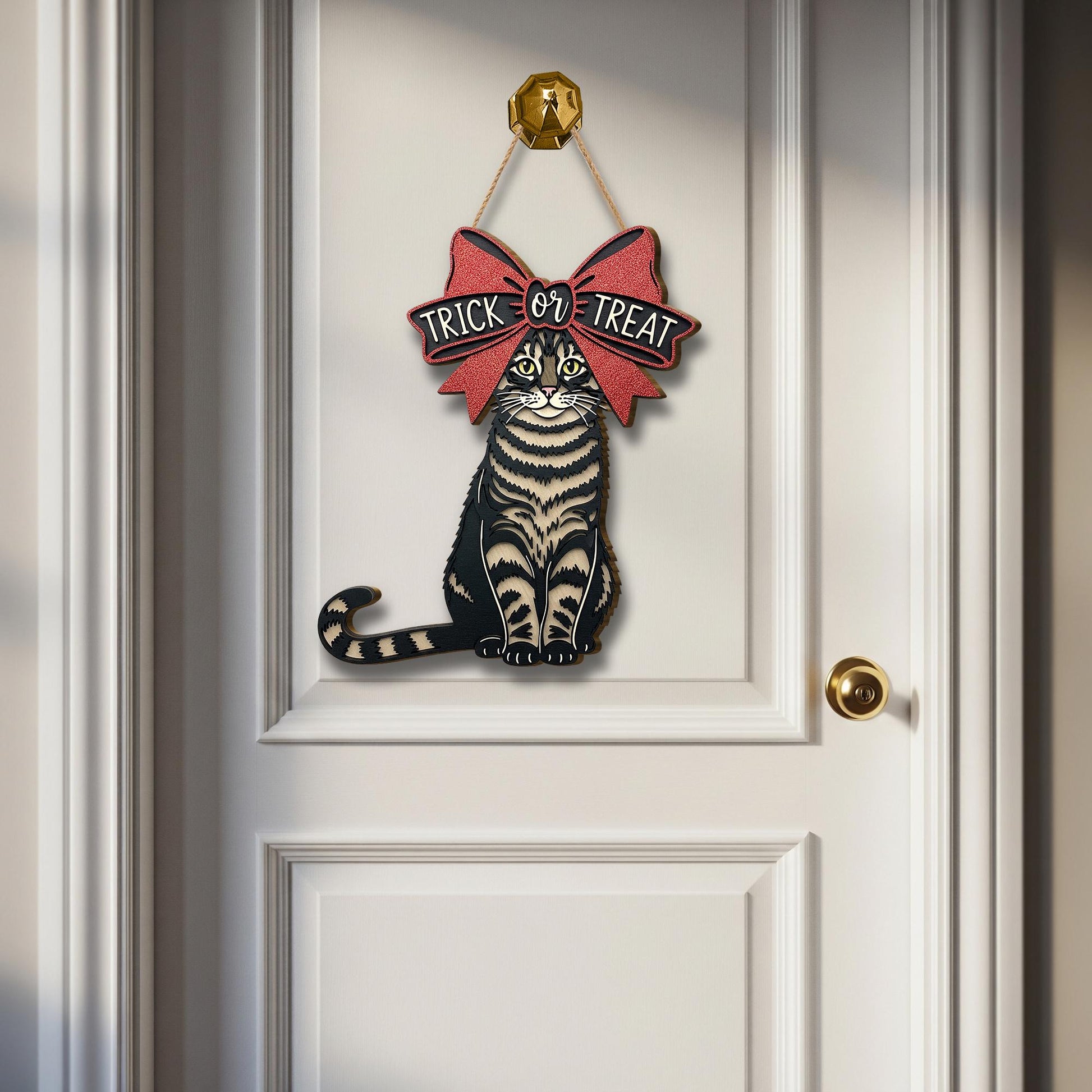 Trick‑or‑Treat Cat Wooden Sign – Halloween Cat Door Hanger, Spooky Black Cat & Bow Wall Décor, Fall Porch Welcome Sign