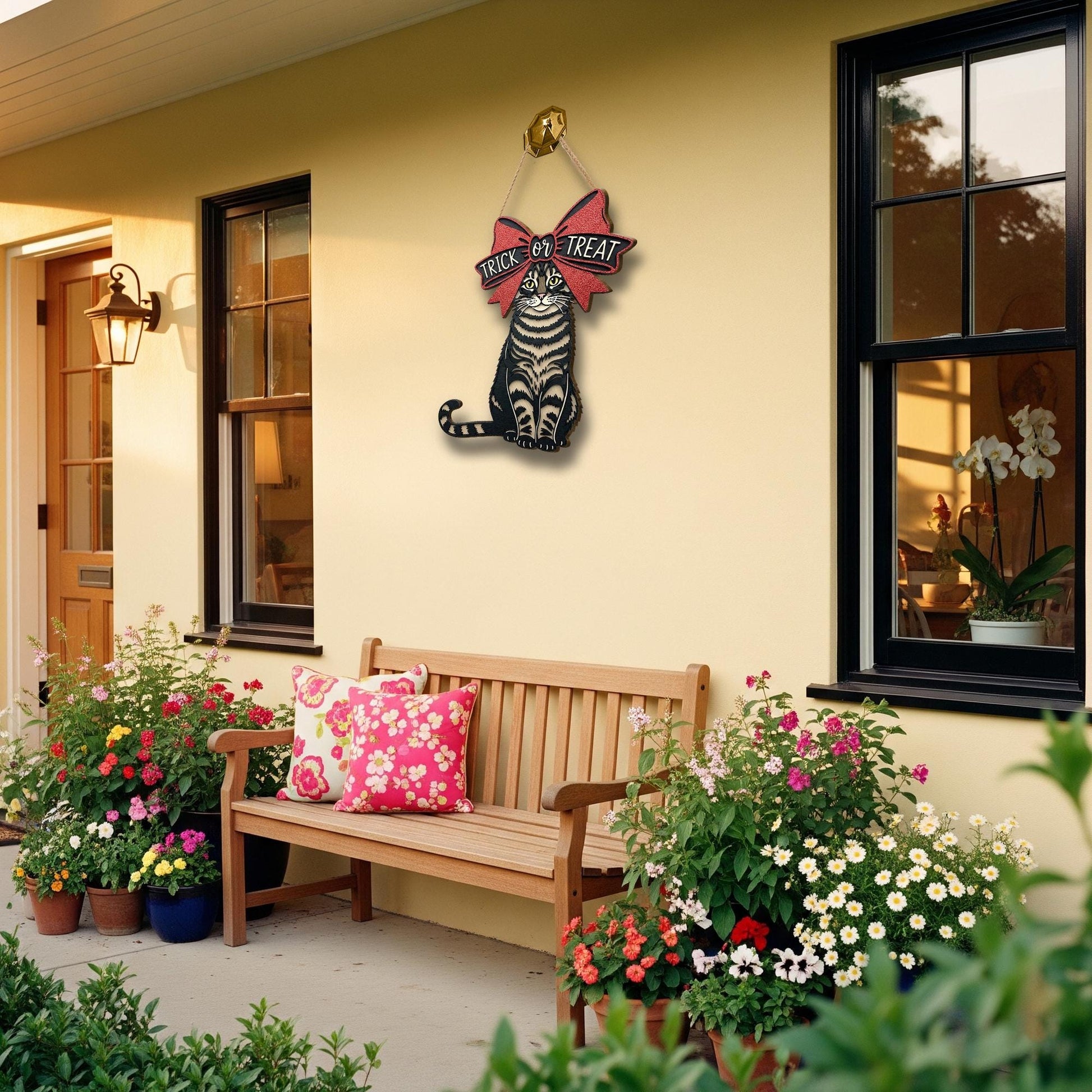 Trick‑or‑Treat Cat Wooden Sign – Halloween Cat Door Hanger, Spooky Black Cat & Bow Wall Décor, Fall Porch Welcome Sign