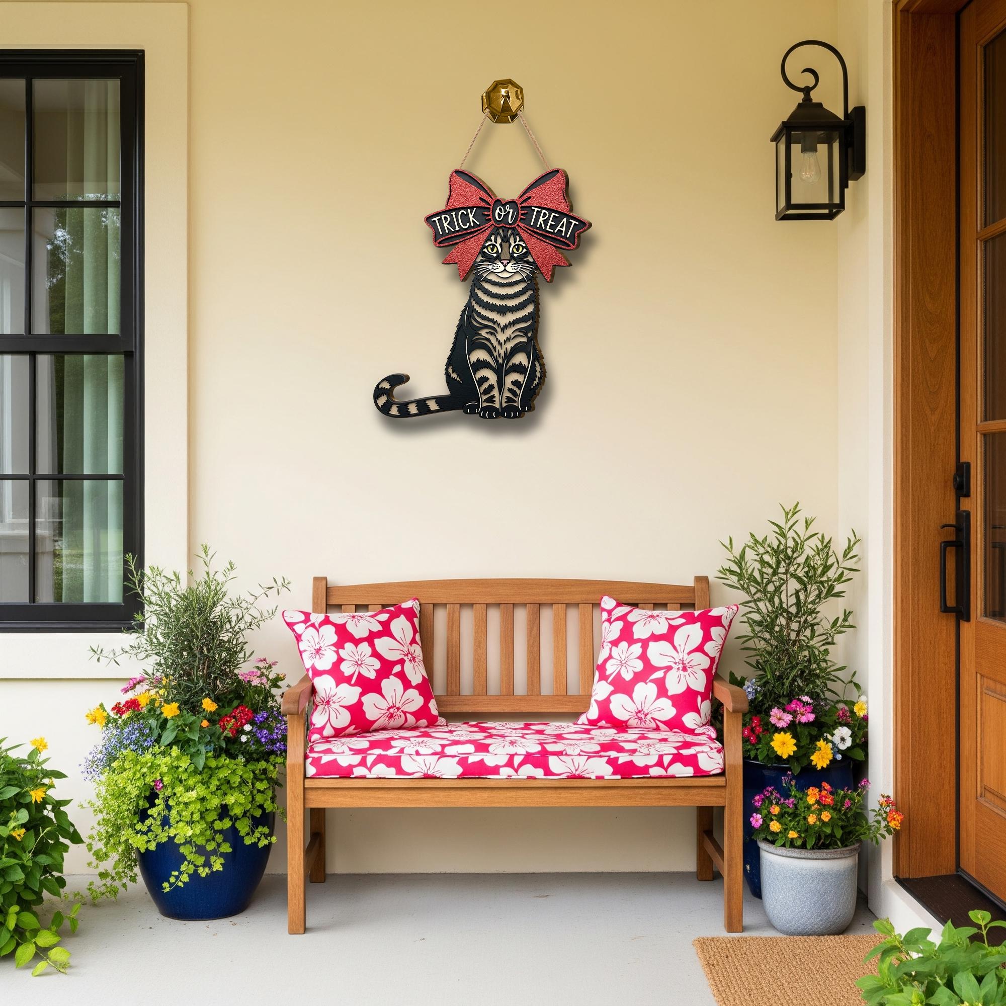 Trick‑or‑Treat Cat Wooden Sign – Halloween Cat Door Hanger, Spooky Black Cat & Bow Wall Décor, Fall Porch Welcome Sign