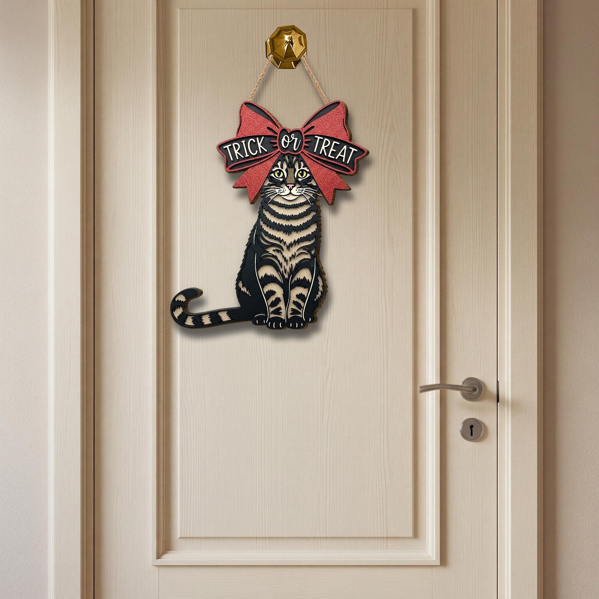 Trick‑or‑Treat Cat Wooden Sign – Halloween Cat Door Hanger, Spooky Black Cat & Bow Wall Décor, Fall Porch Welcome Sign