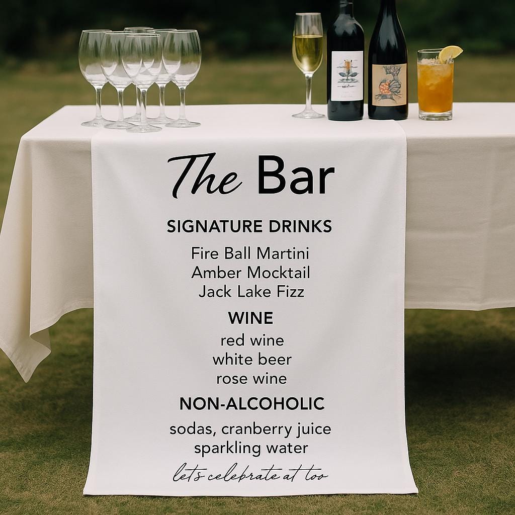 Custom Wedding Bar Sign with Signature Drinks Menu – Personalized Reception Bar Banner with Wine, Beer, and Non-Alcoholic Options